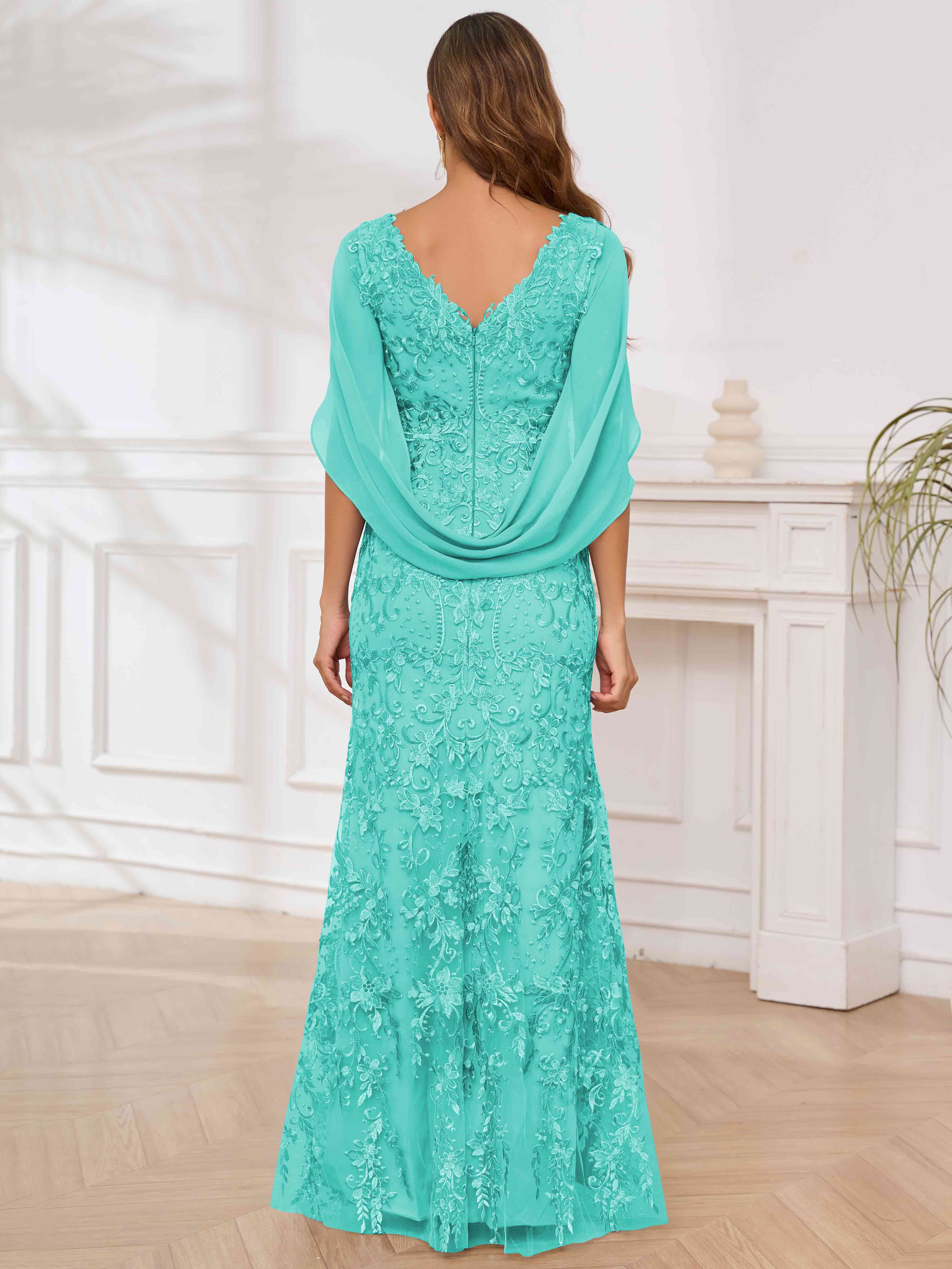 ROVDESY V-Neck Lace Mermaid Mother Of The Bride Dress With Cape Sleeves Long Formal Gown