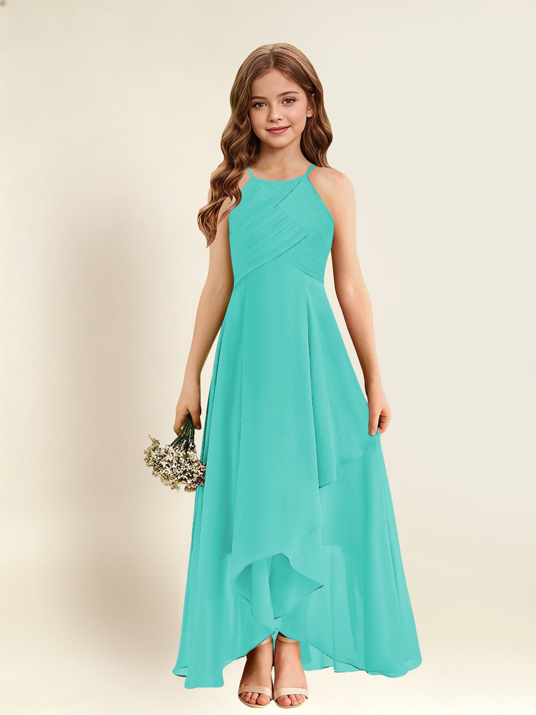 ROVDESY A-Line Halter Pleated Chiffon Junior Bridesmaid Dress