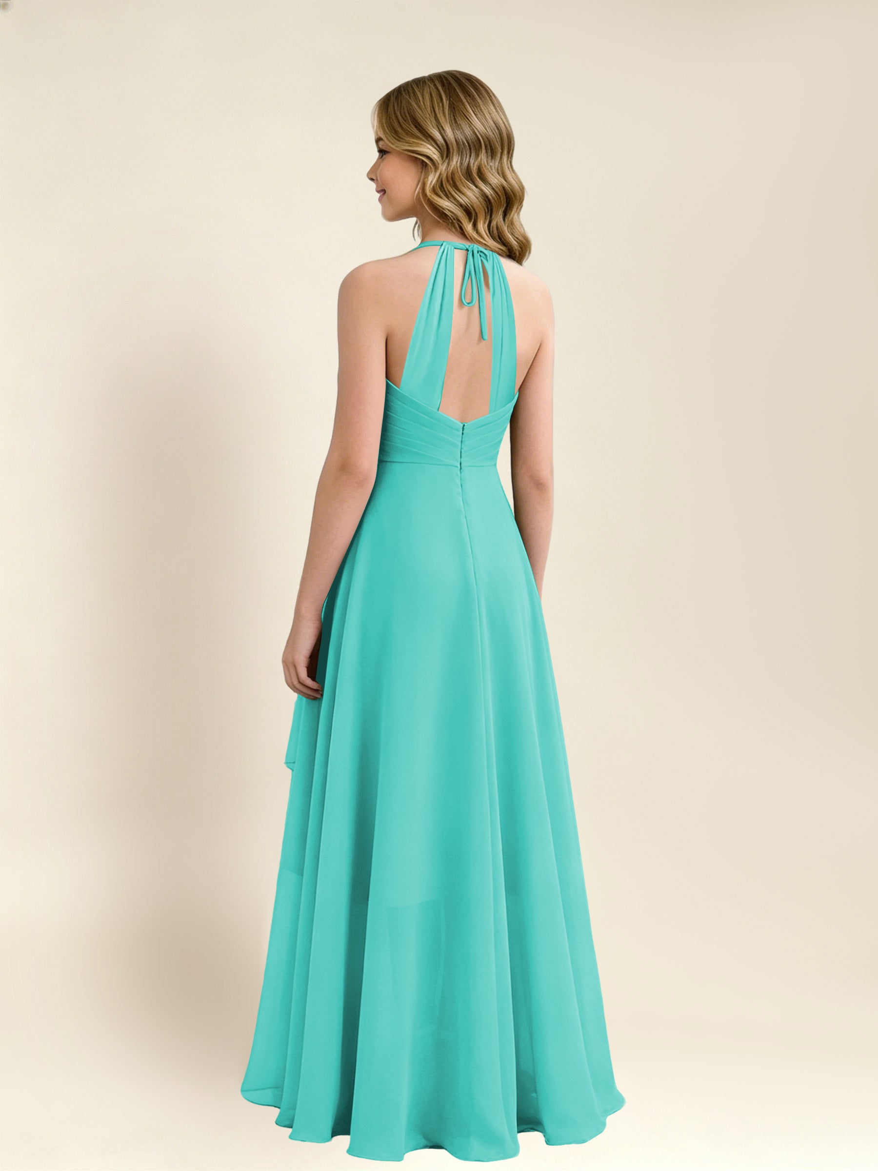 ROVDESY A-Line Halter Pleated Chiffon Junior Bridesmaid Dress