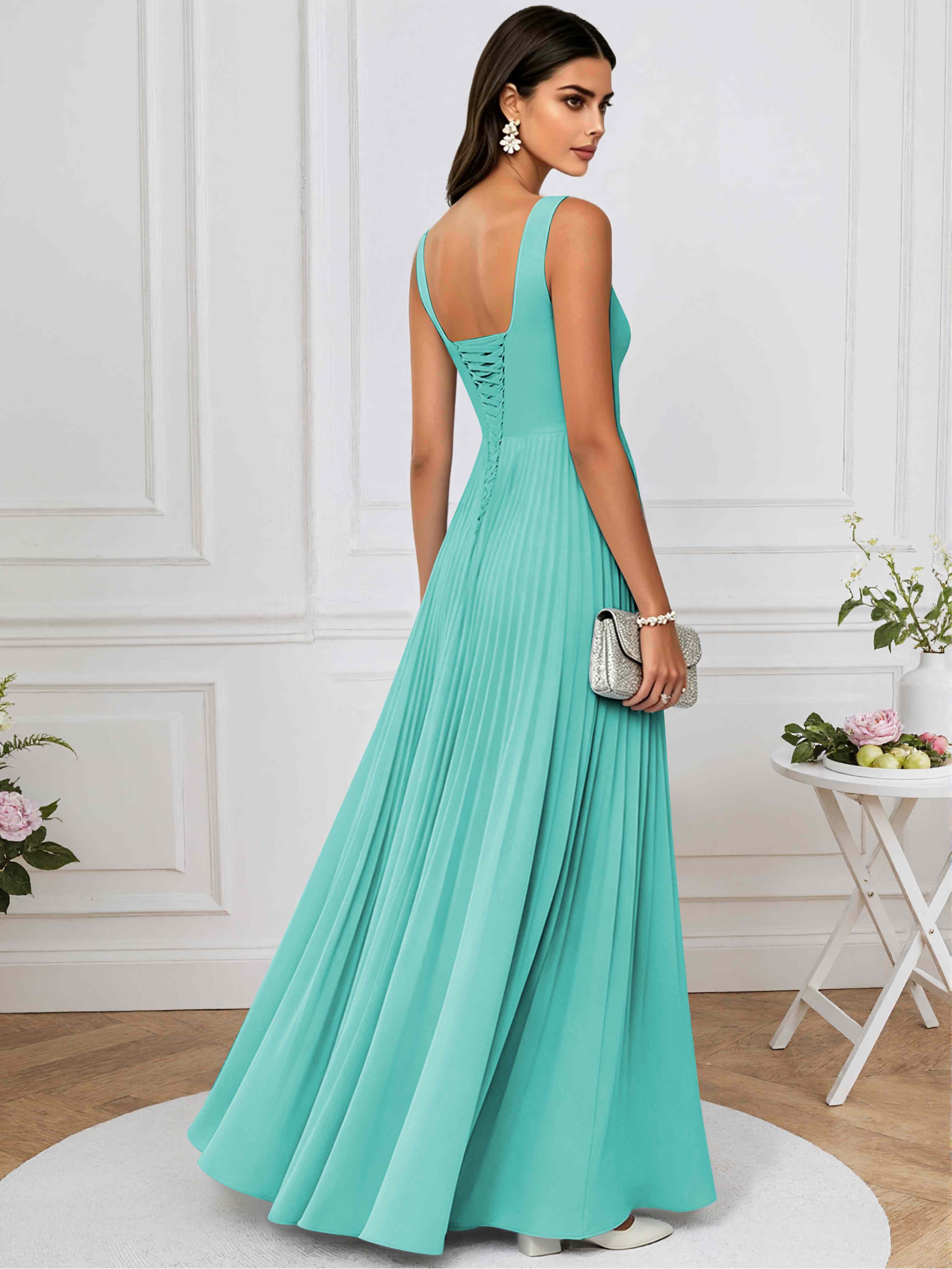 ROVDESY A-Line Square Neck Pleated Chiffon Long Bridesmaid/Prom Dress