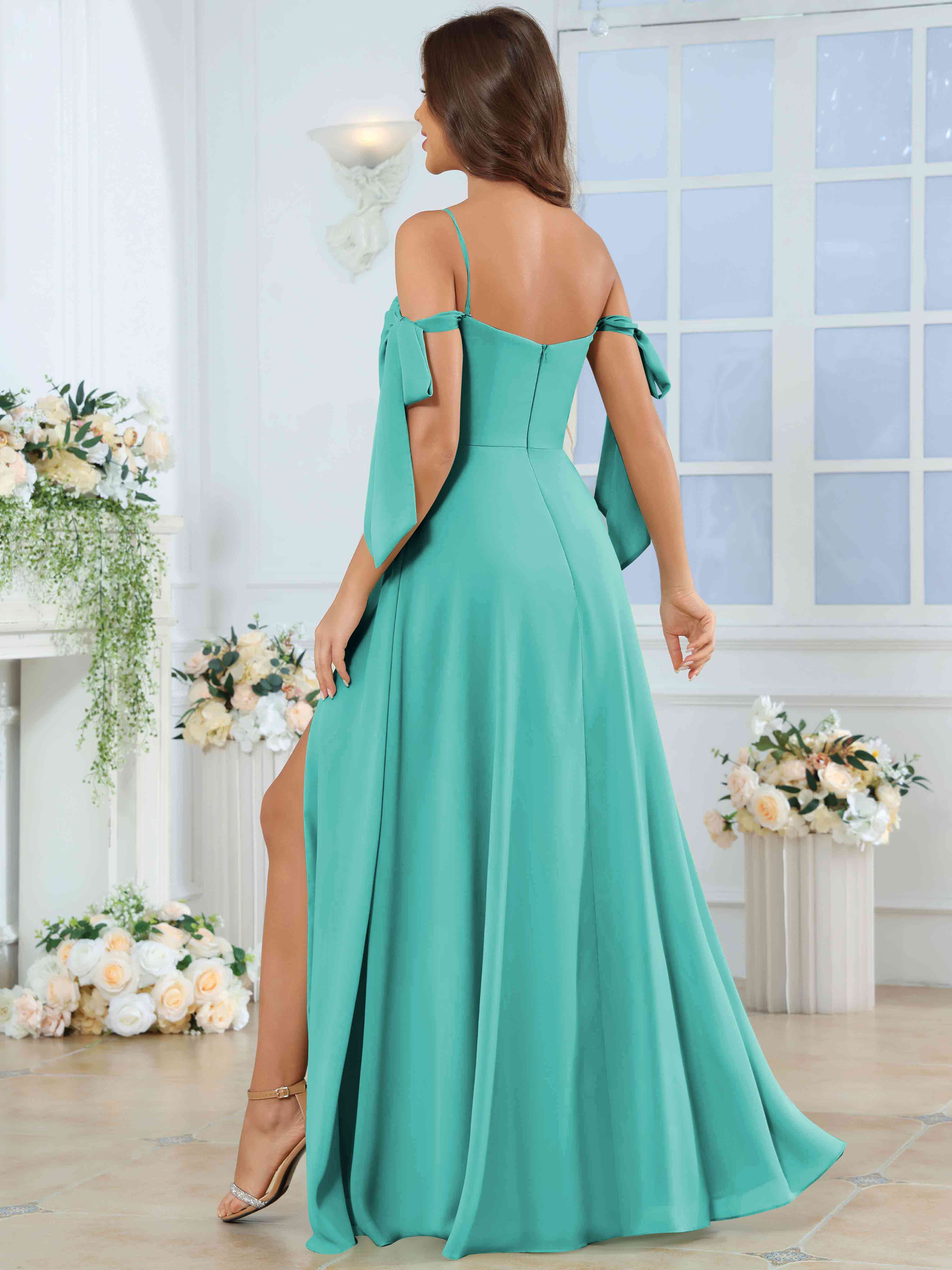 ROVDESY Spaghetti Strap Pleated Ruffle Slit Chiffon Bridesmaid Dress With Bow Sleeves
