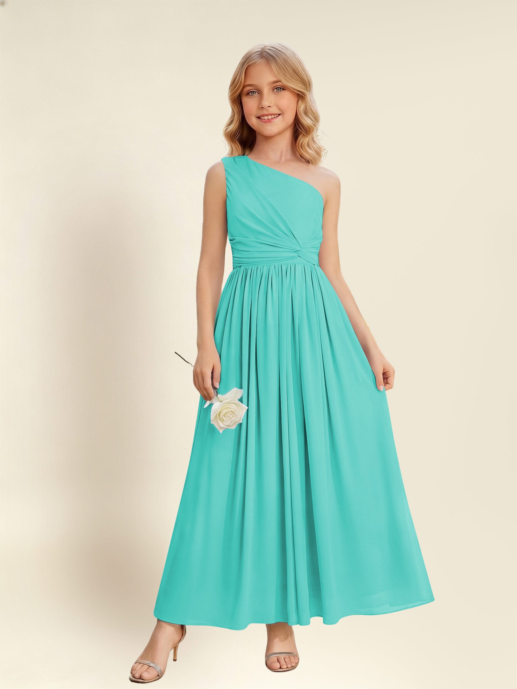 ROVDESY One Shoulder Twist Waist Chiffon Junior Bridesmaid Maxi Dress