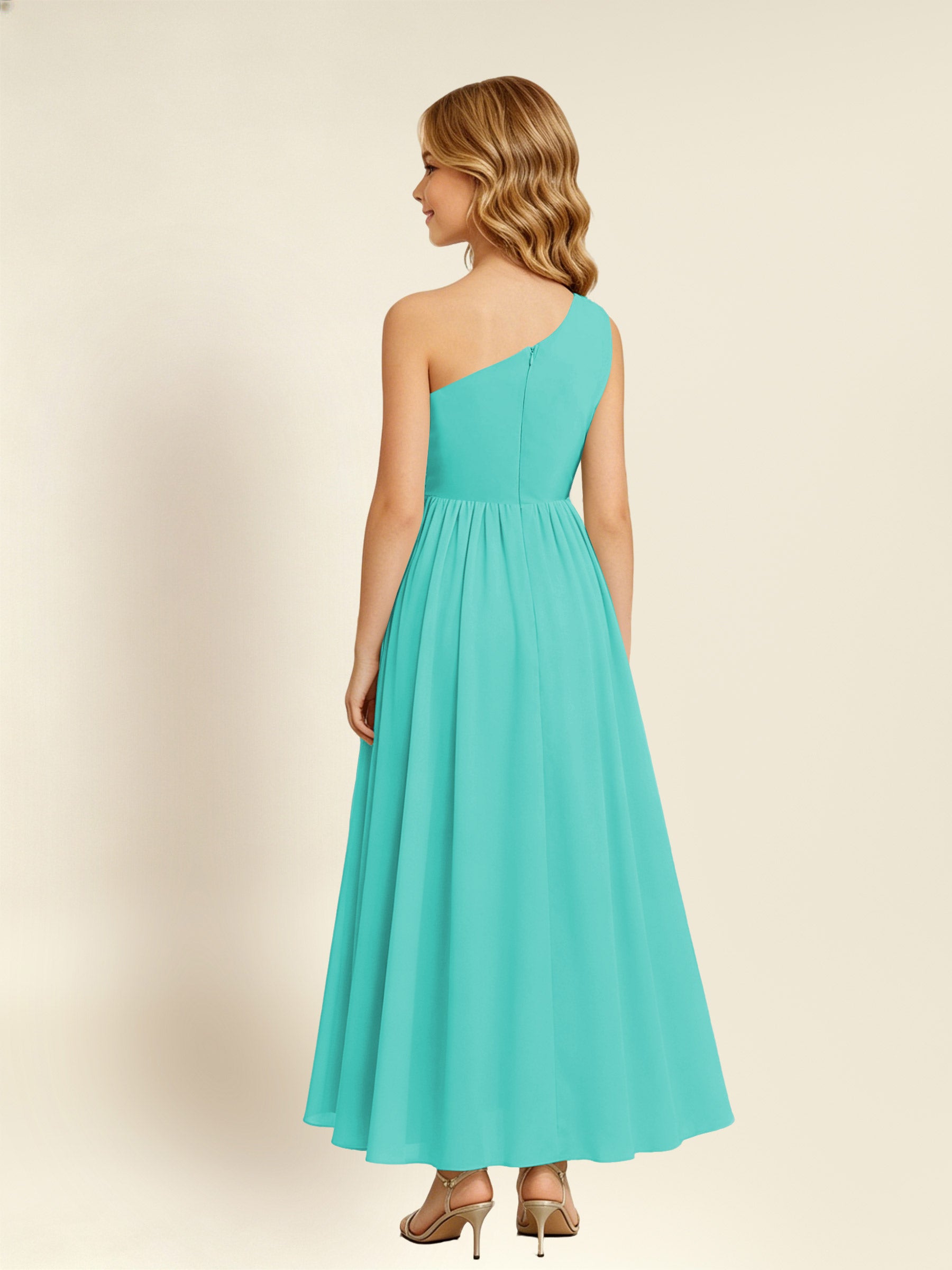 ROVDESY One Shoulder Twist Waist Chiffon Junior Bridesmaid Maxi Dress