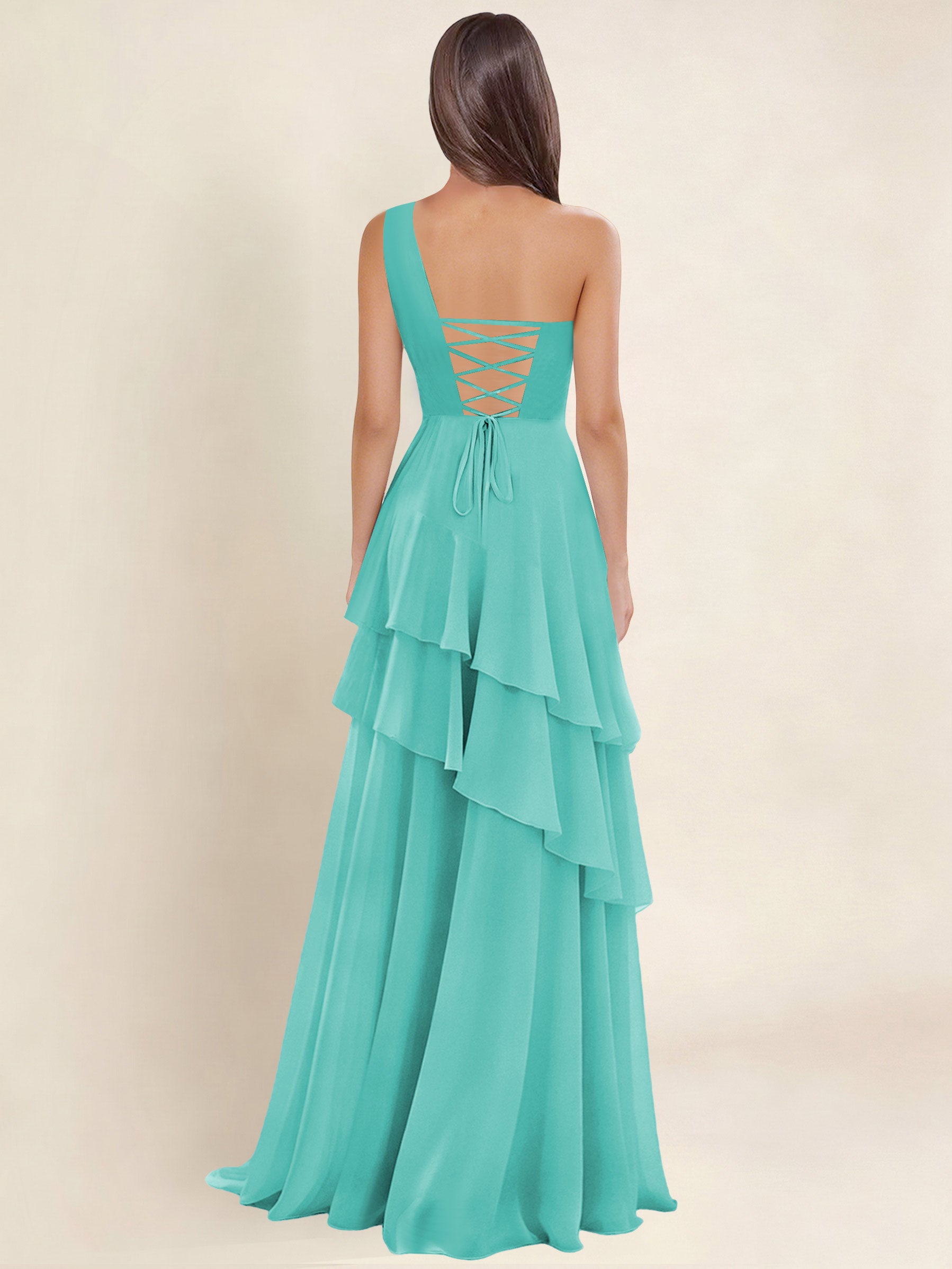 ROVDESY A-Line One Shoulder Pleated Tiered Chiffon Bridesmaid Dress