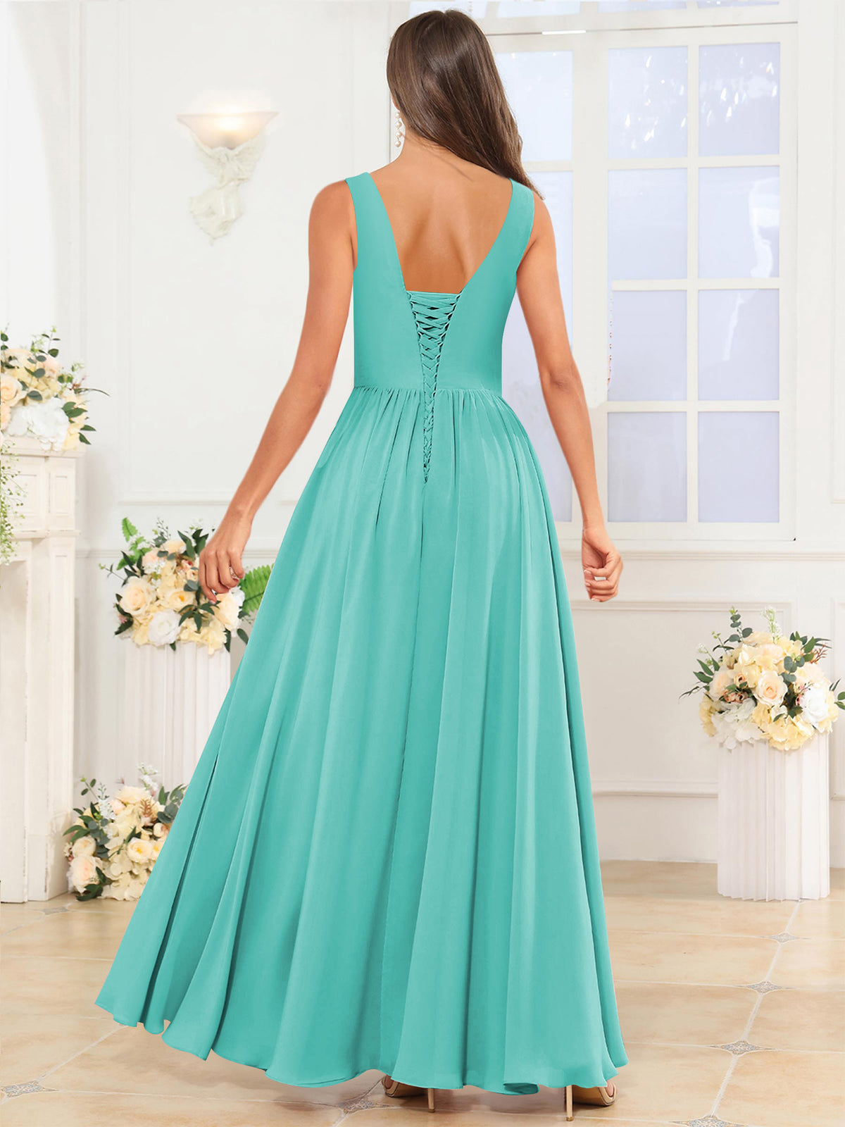 V Neck Chiffon A Line Bridesmaid Dress with Slit