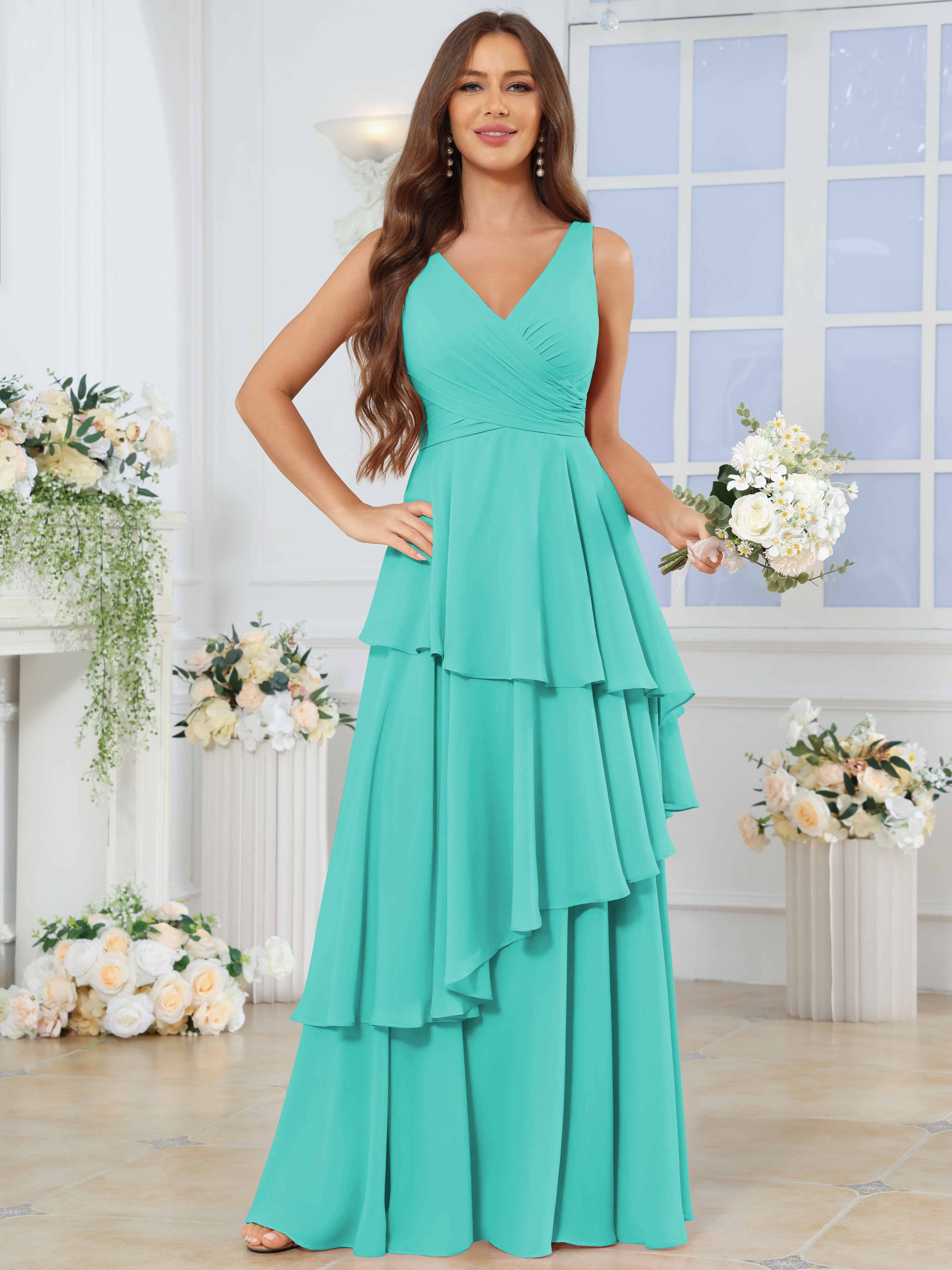 ROVDESY Long Sleeveless V-Neck Tiered Pleated Chiffon Bridesmaid Dress
