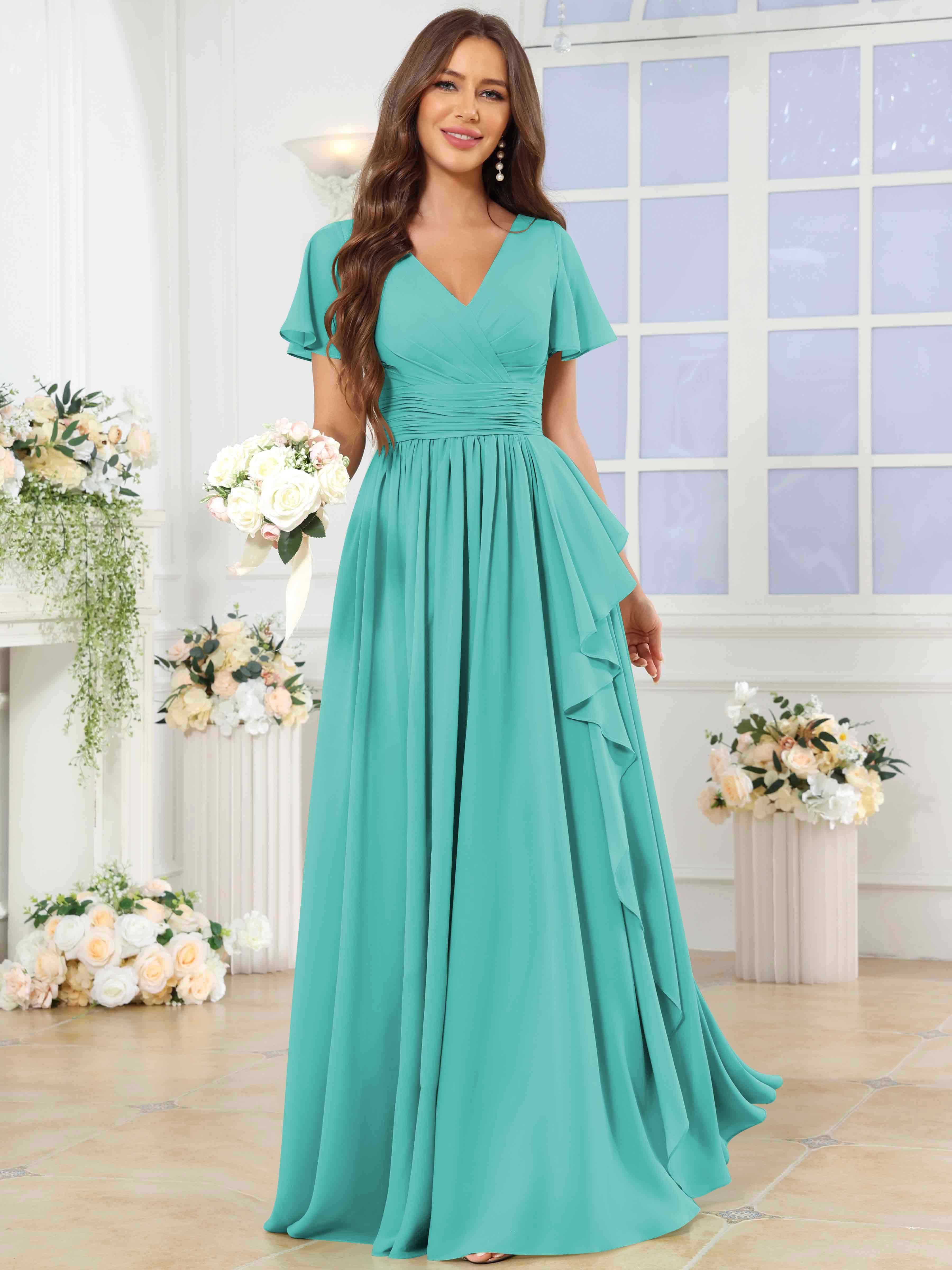 ROVDESY A-Line V-Neck Slit Pleated Ruffle Chiffon Bridesmaid Dress With Short Sleeves