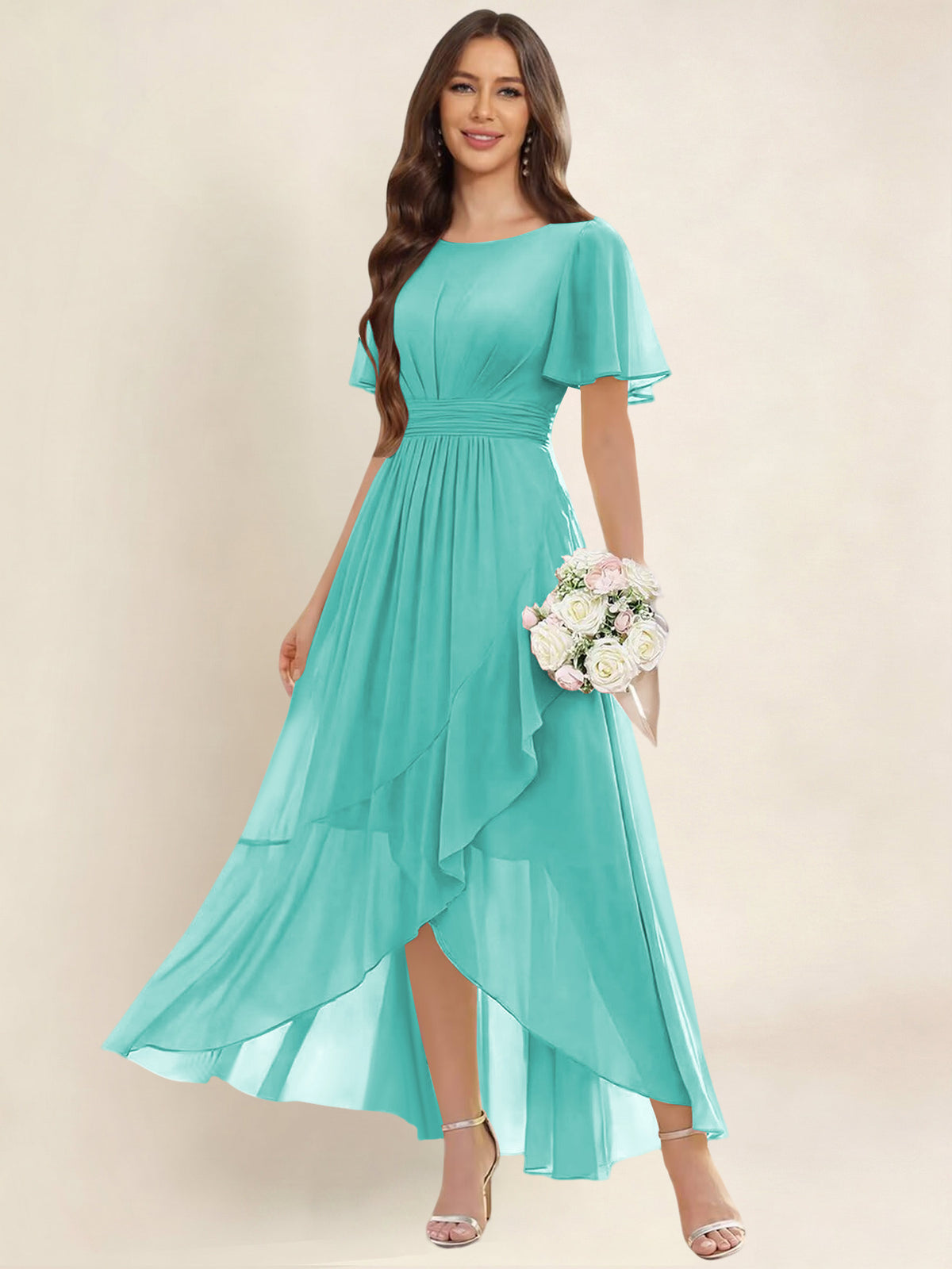 ROVDESY A-Line High Low Round Neck Pleated Ruffle Chiffon Bridesmaid Dress With Short Sleeves