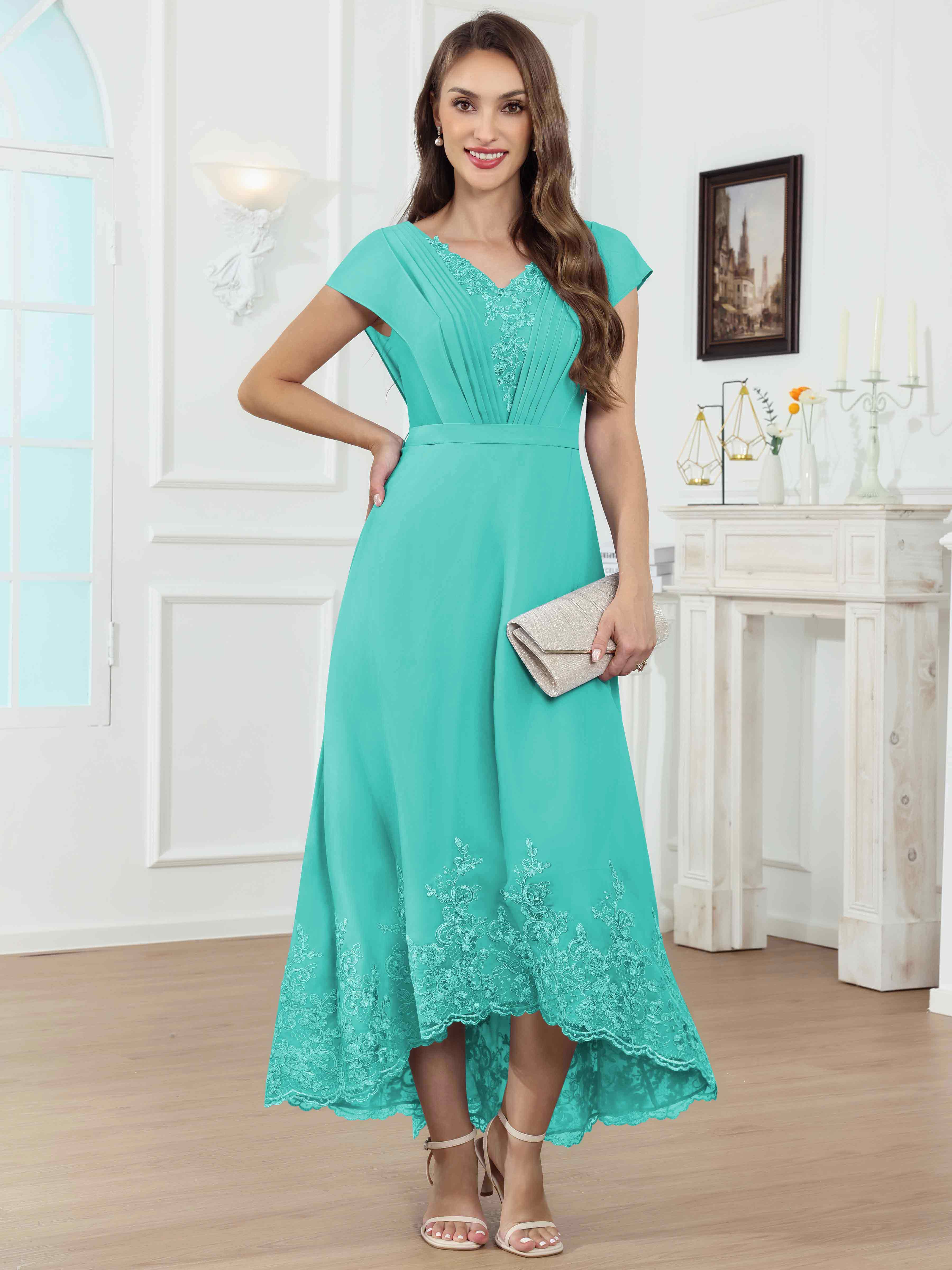 ROVDESY Tea Length High-Low V-Neck Ruched Lace Chiffon Mother of The Bride Dress for Women