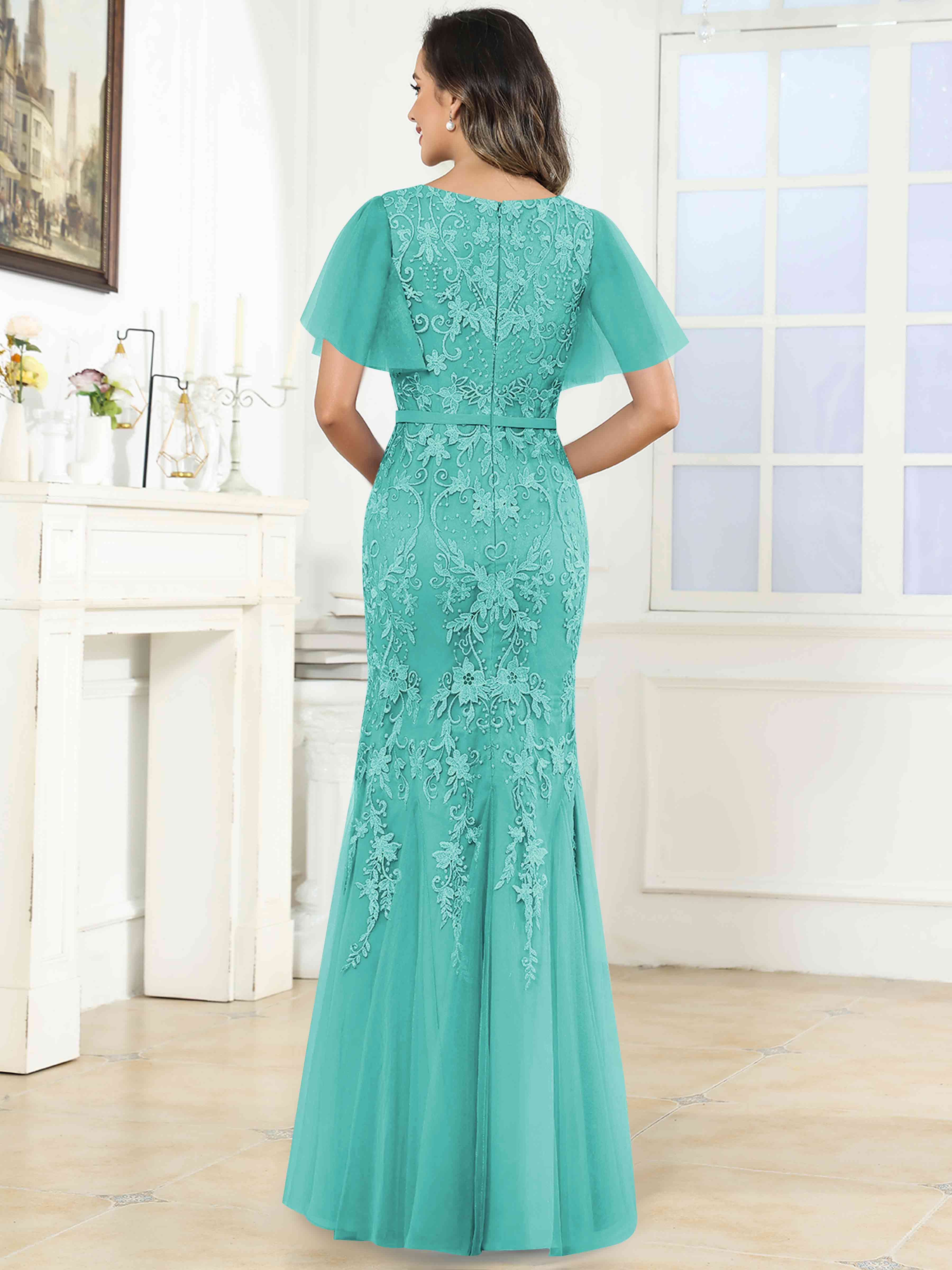 ROVDESY Elegant V-Neck Lace Mermaid Long Mother Of The Bride Dress Formal Gown With Sleeves