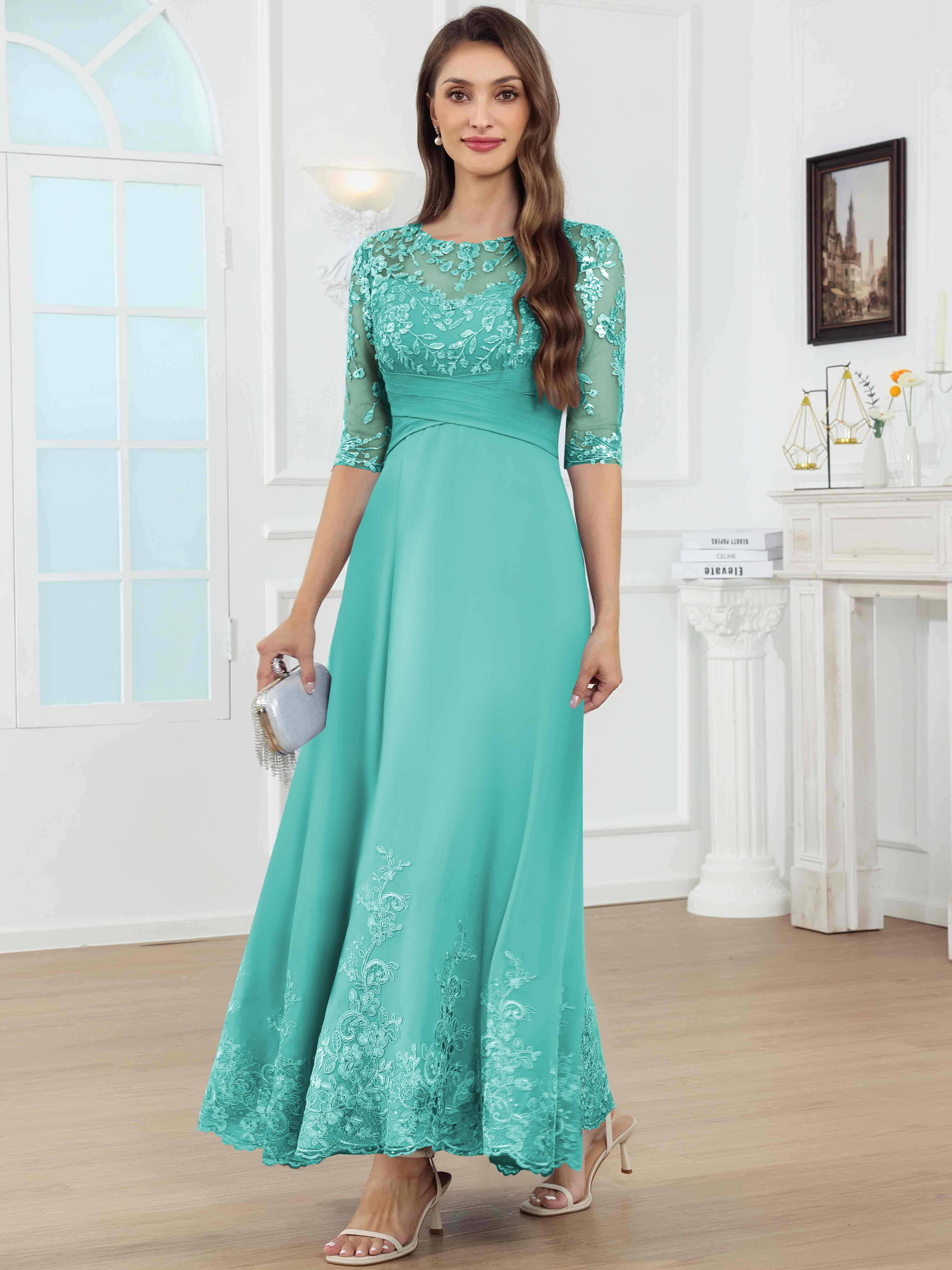 ROVDESY A-Line Lace Sequin Pleated Chiffon Mother Of The Bride Dress With Half Sleeves