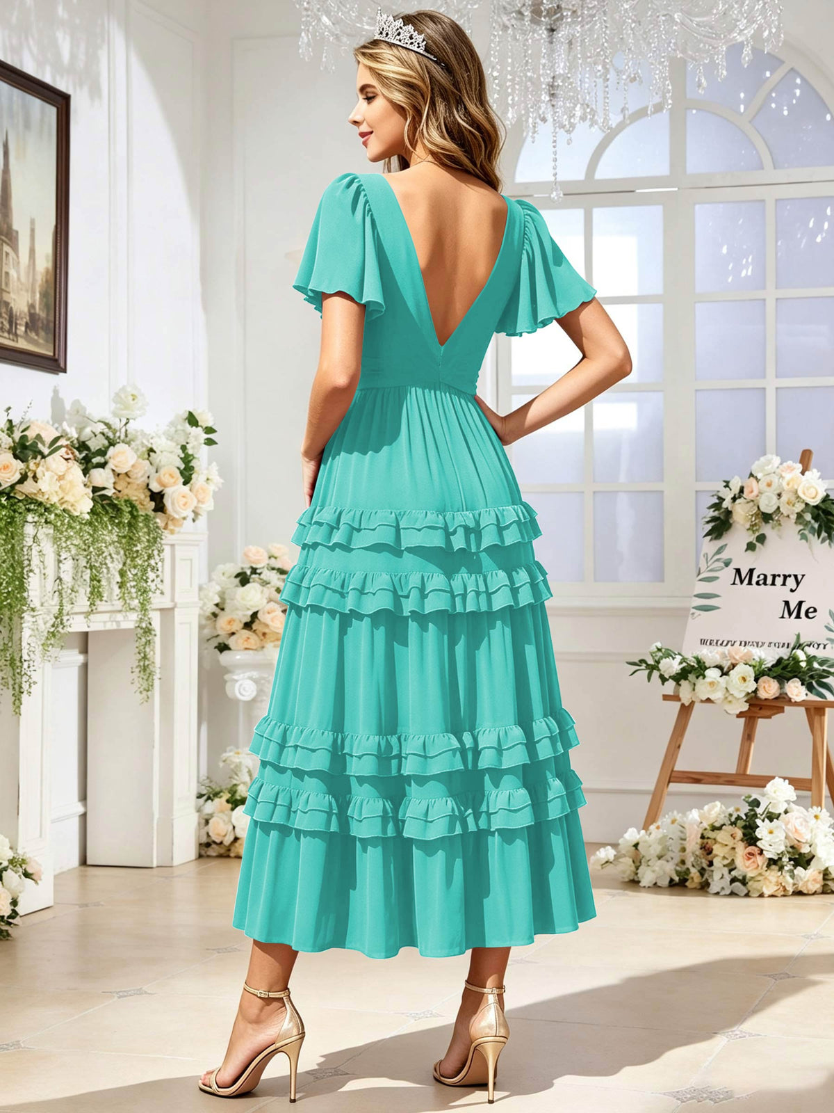 A Line Chiffon Pleated Bridesmaid Dress with Sleeves