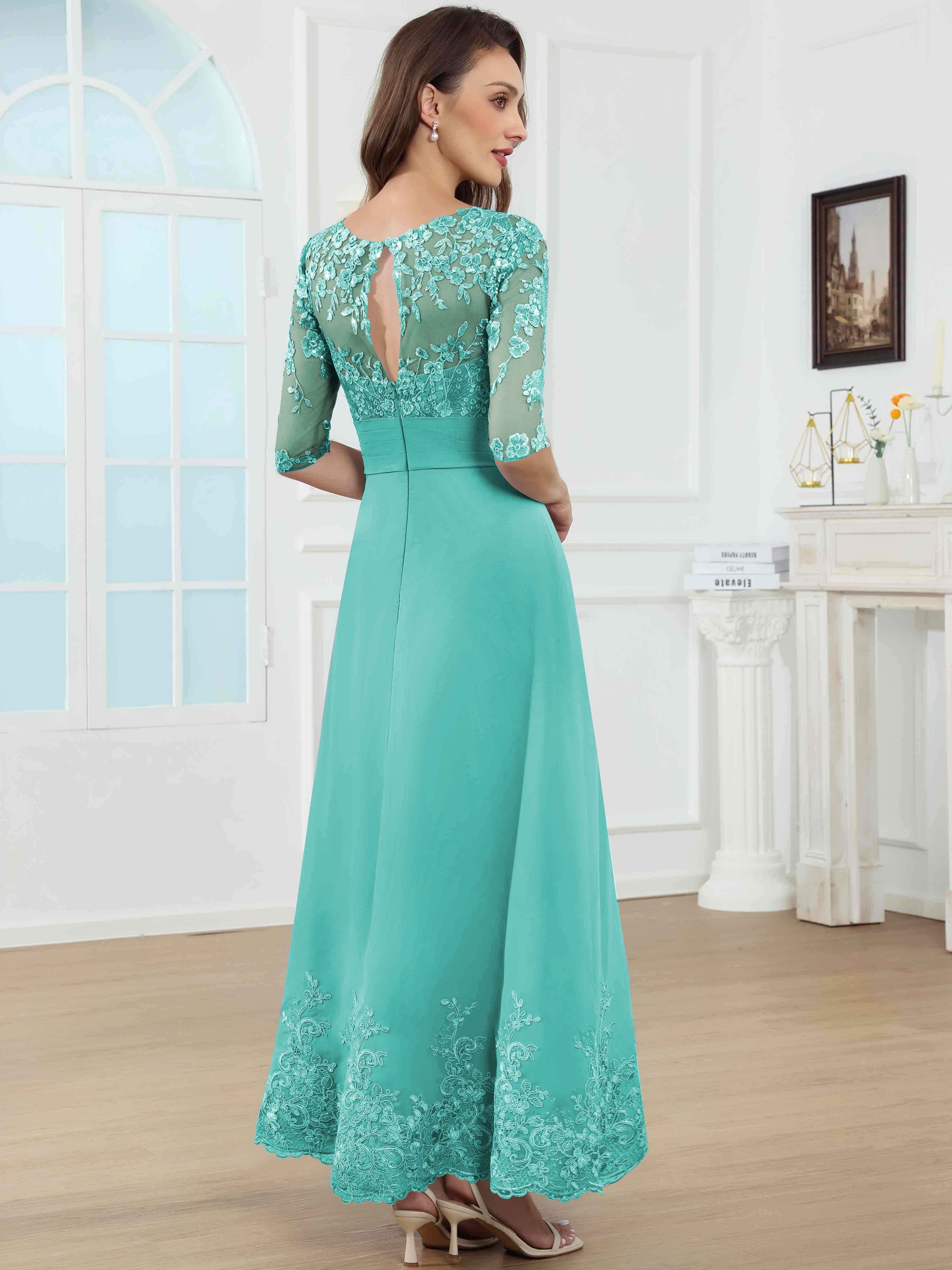 ROVDESY A-Line Lace Sequin Pleated Chiffon Mother Of The Bride Dress With Half Sleeves