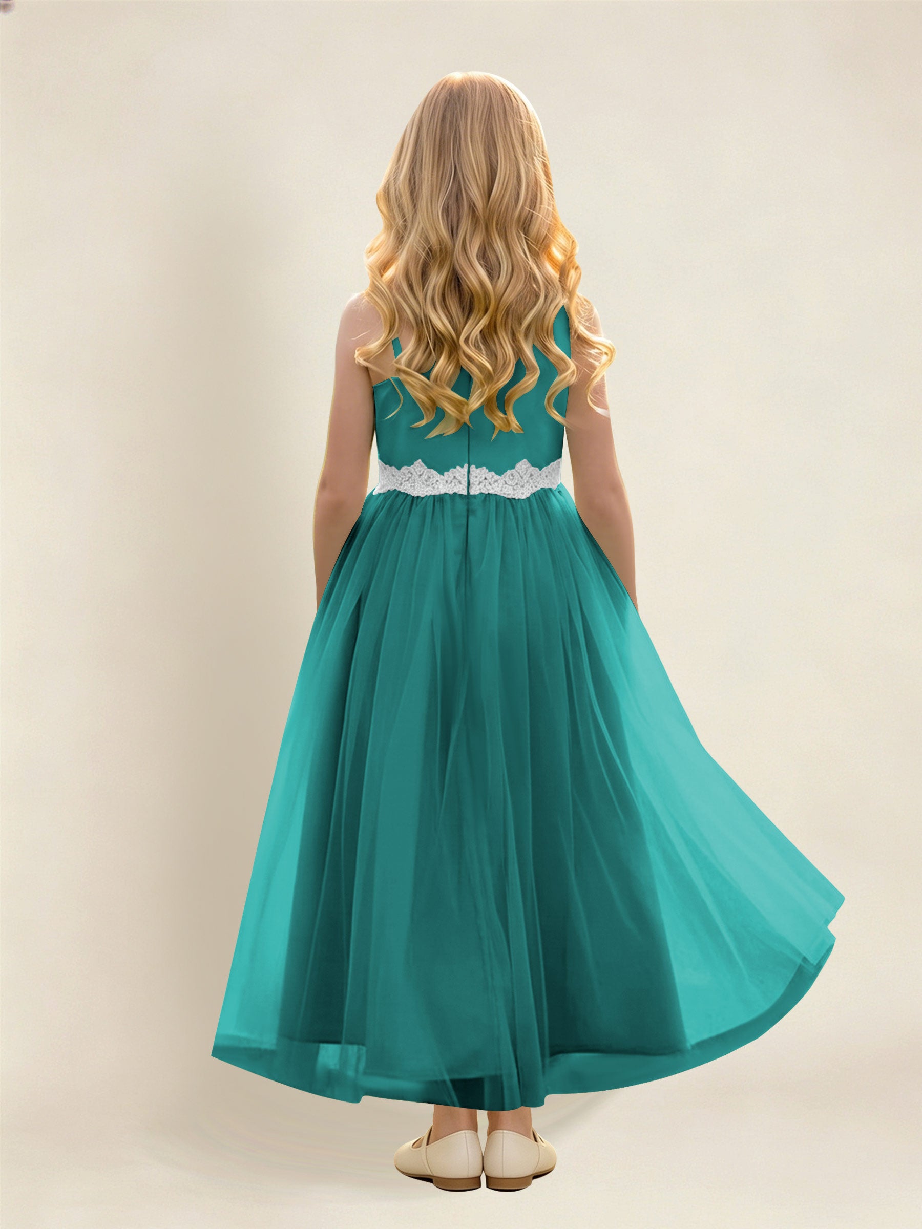 ROVDESY Asymmetric One Shoulder  Satin  Tulle Junior Bridesmaid Dress