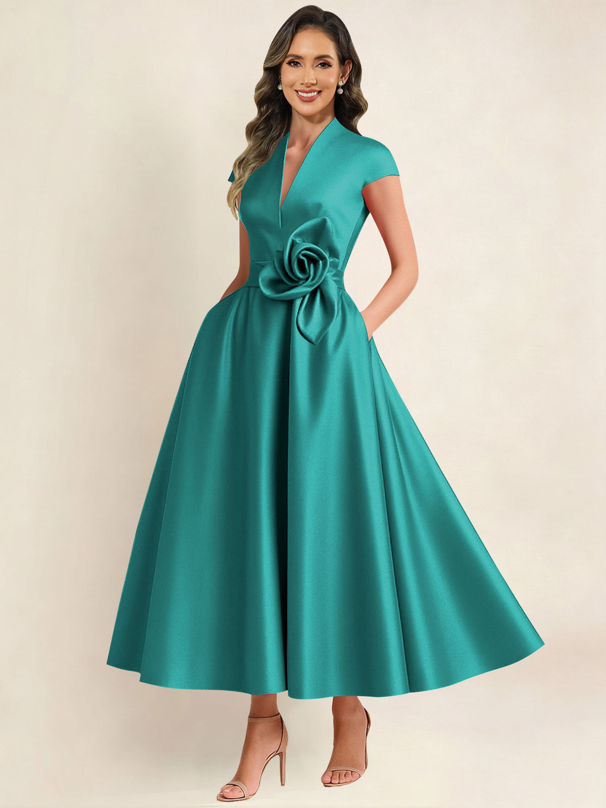 A Line V Neck 3D Flower Satin Mother of the Bride Dress