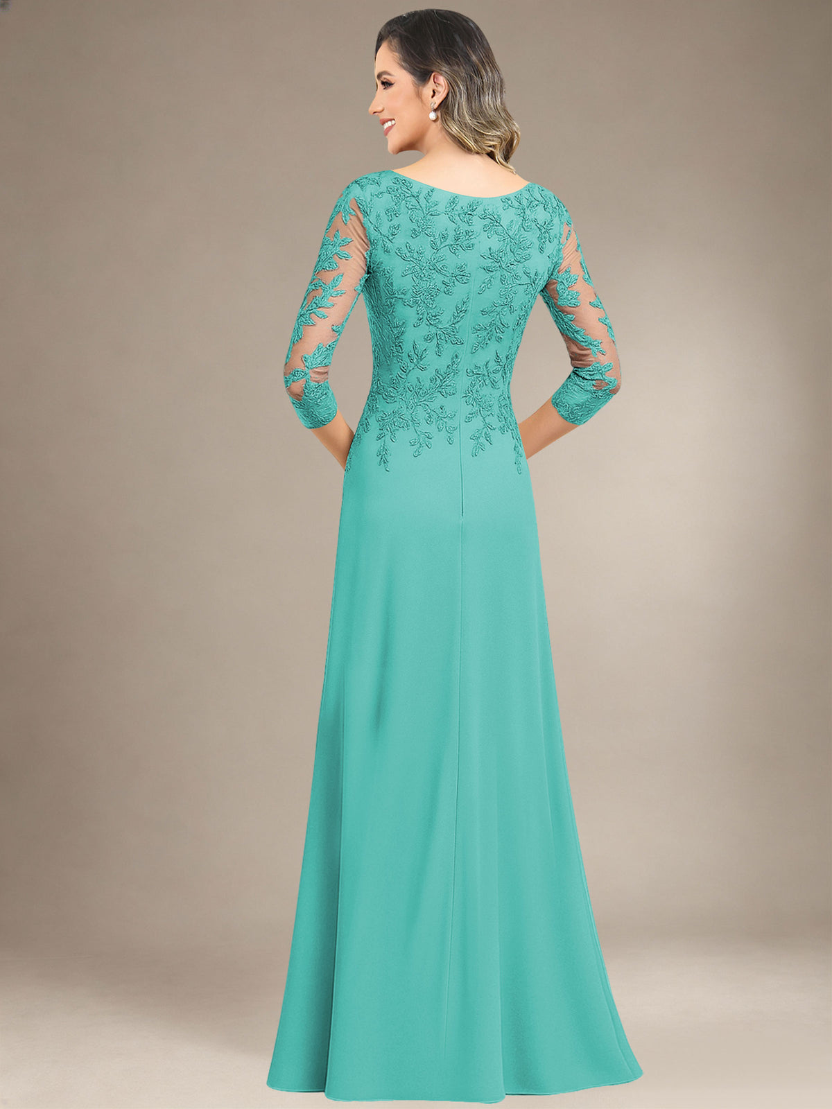 Bateau Neck Chiffon Lace Mermaid Mother of the Bride Dress with 3/4 Sleeves