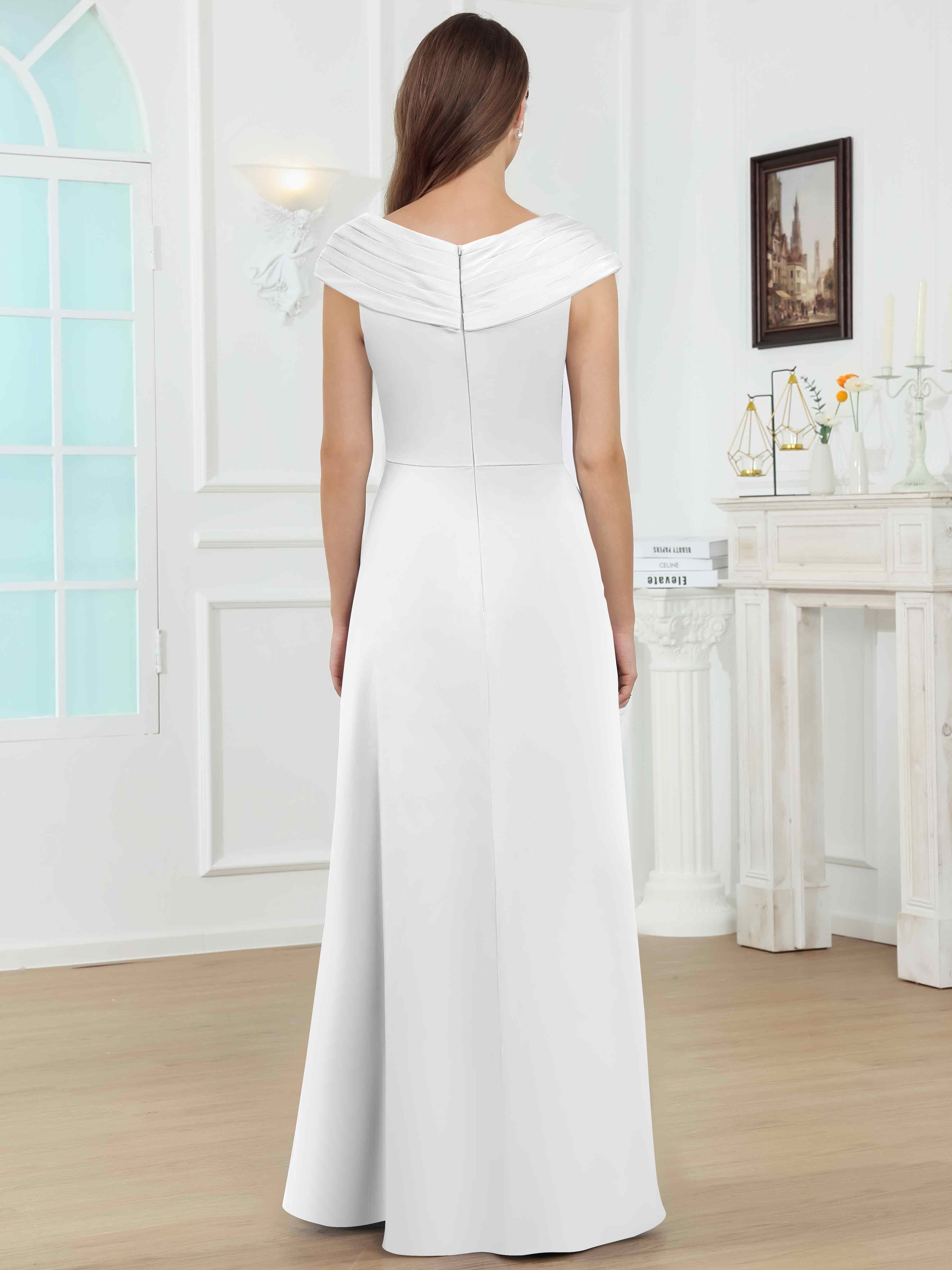 ROVDESY V-Neck Off The Shoulder Pleated Satin Mother Of The Bride Dress With Slit