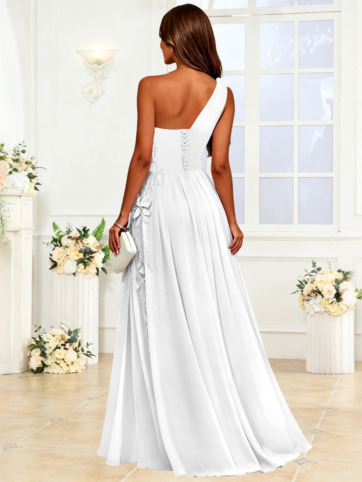 One Shoulder 3D Flower Chiffon Bridesmaid Dress with Slit