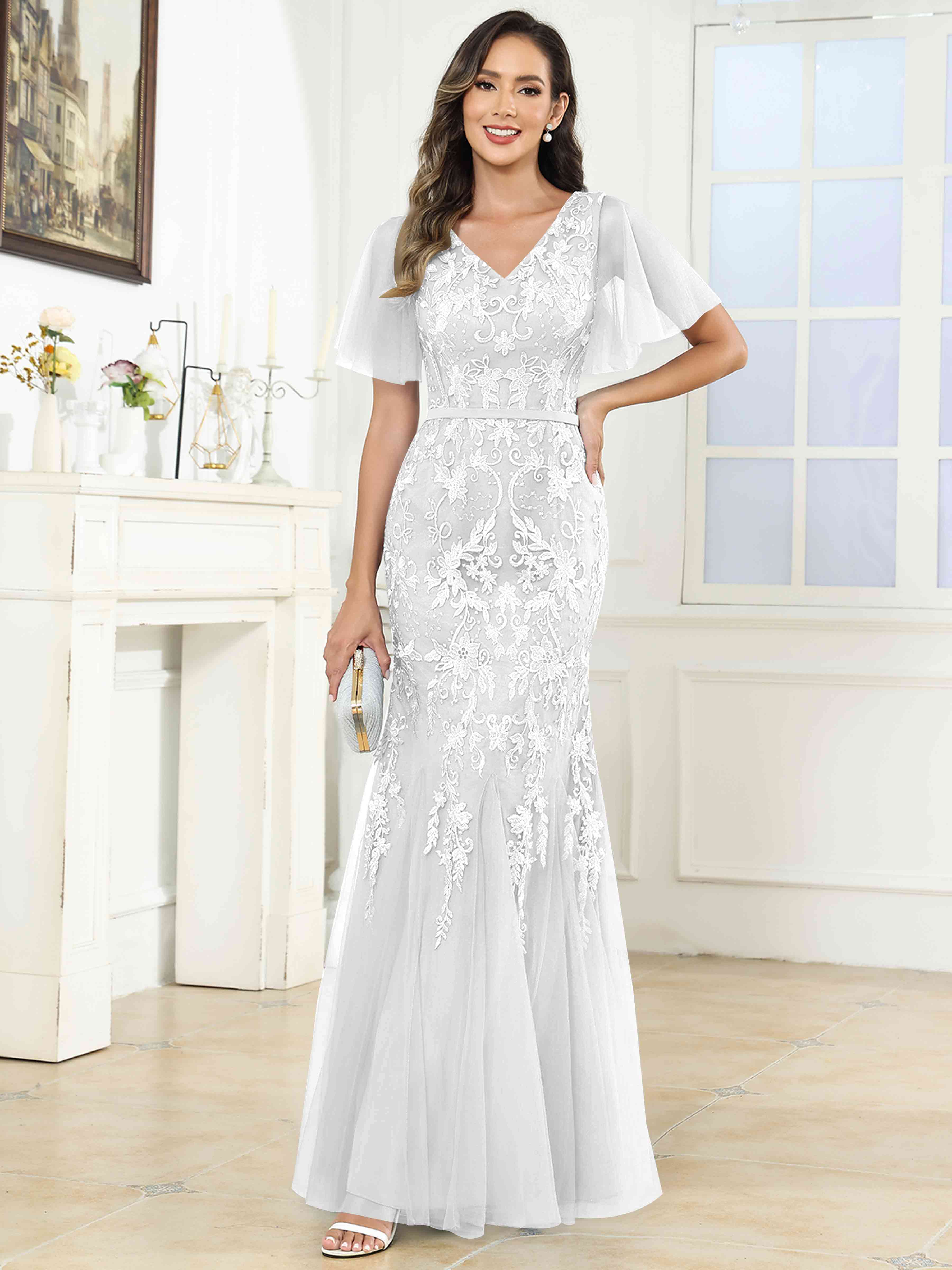 ROVDESY Elegant V-Neck Lace Mermaid Long Mother Of The Bride Dress Formal Gown With Sleeves