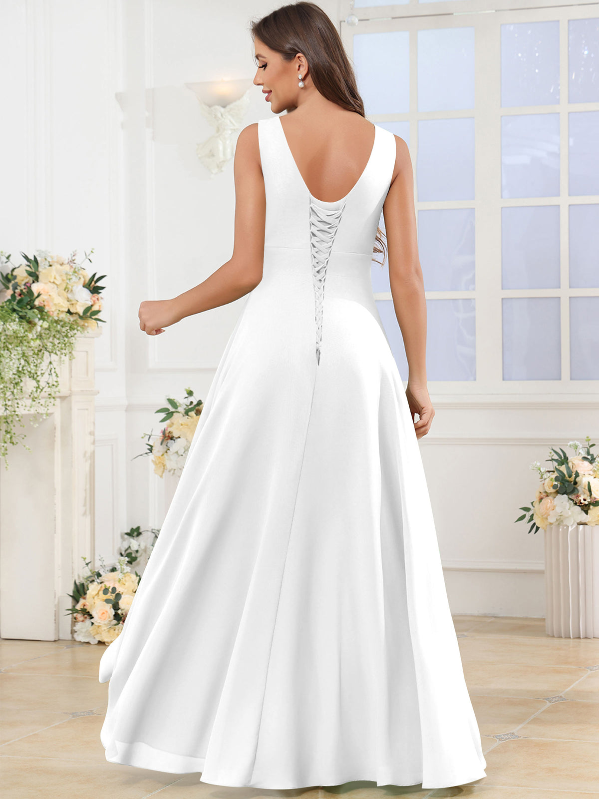 V Neck Chiffon A Line Ruffle Bridesmaid Dress with Slit