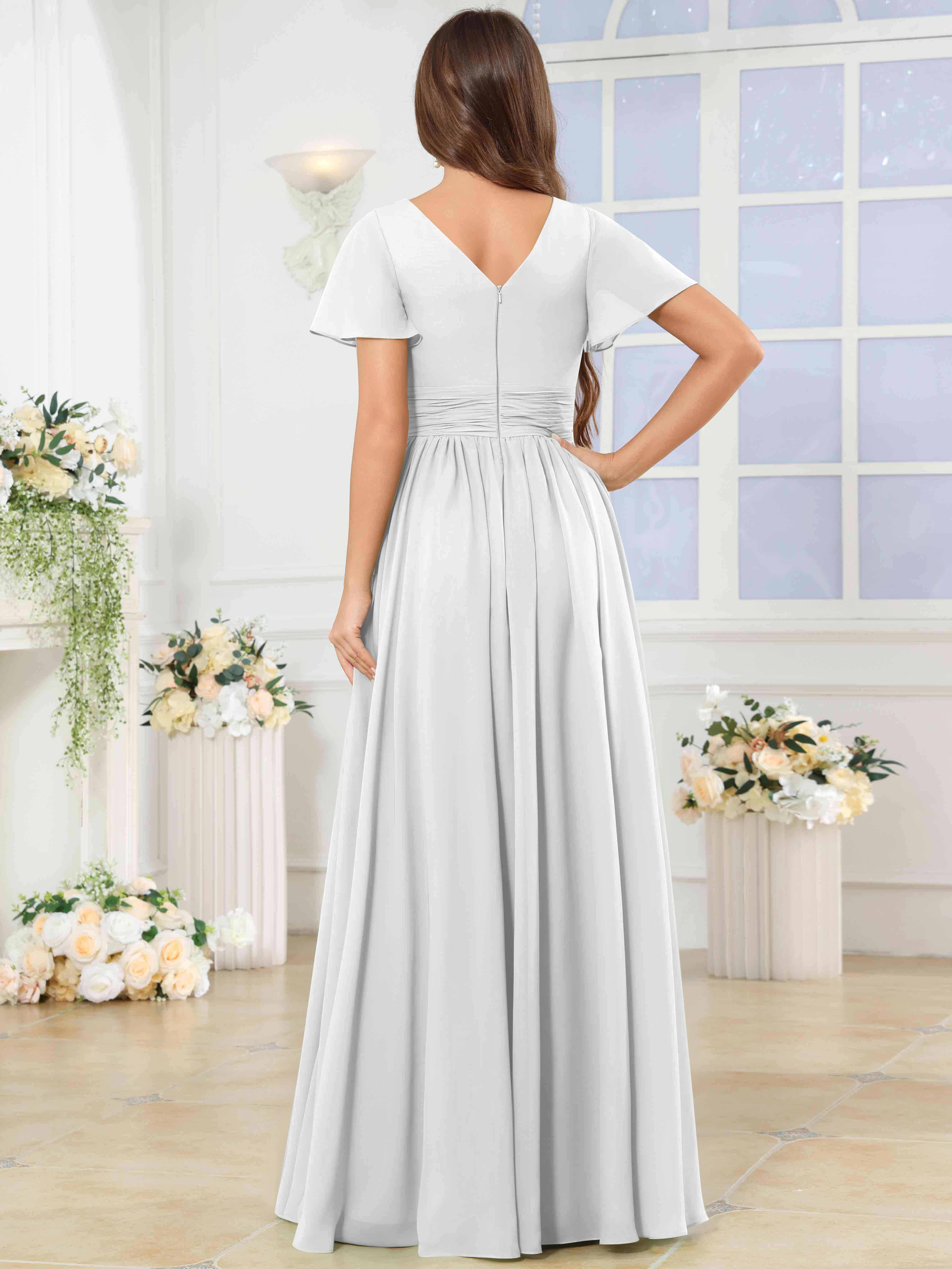 ROVDESY A-Line V-Neck Slit Pleated Ruffle Chiffon Bridesmaid Dress With Short Sleeves