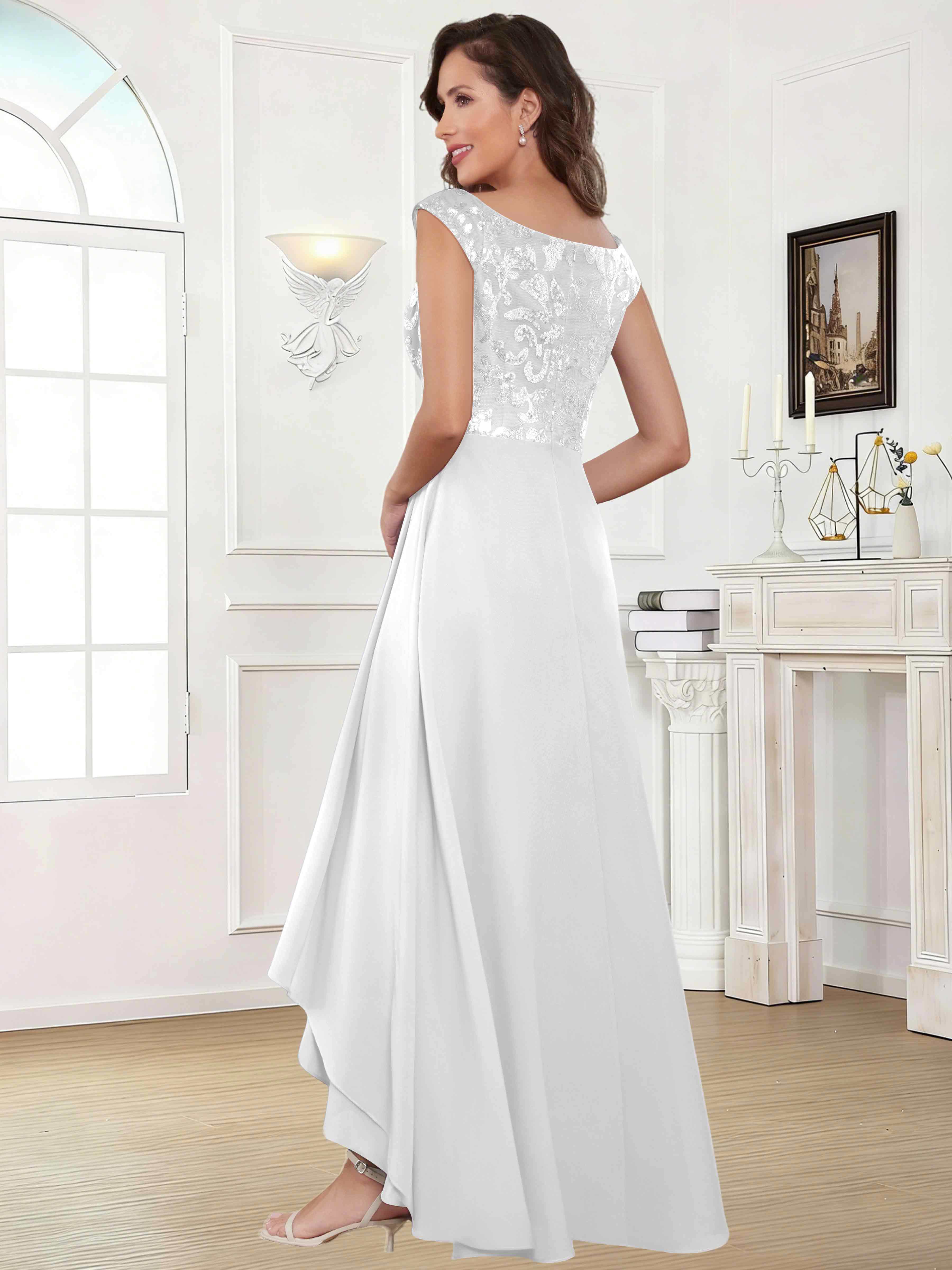ROVDESY Tea Length Off-The-Shoulder Sequin Chiffon Mother Of The Bride Dress
