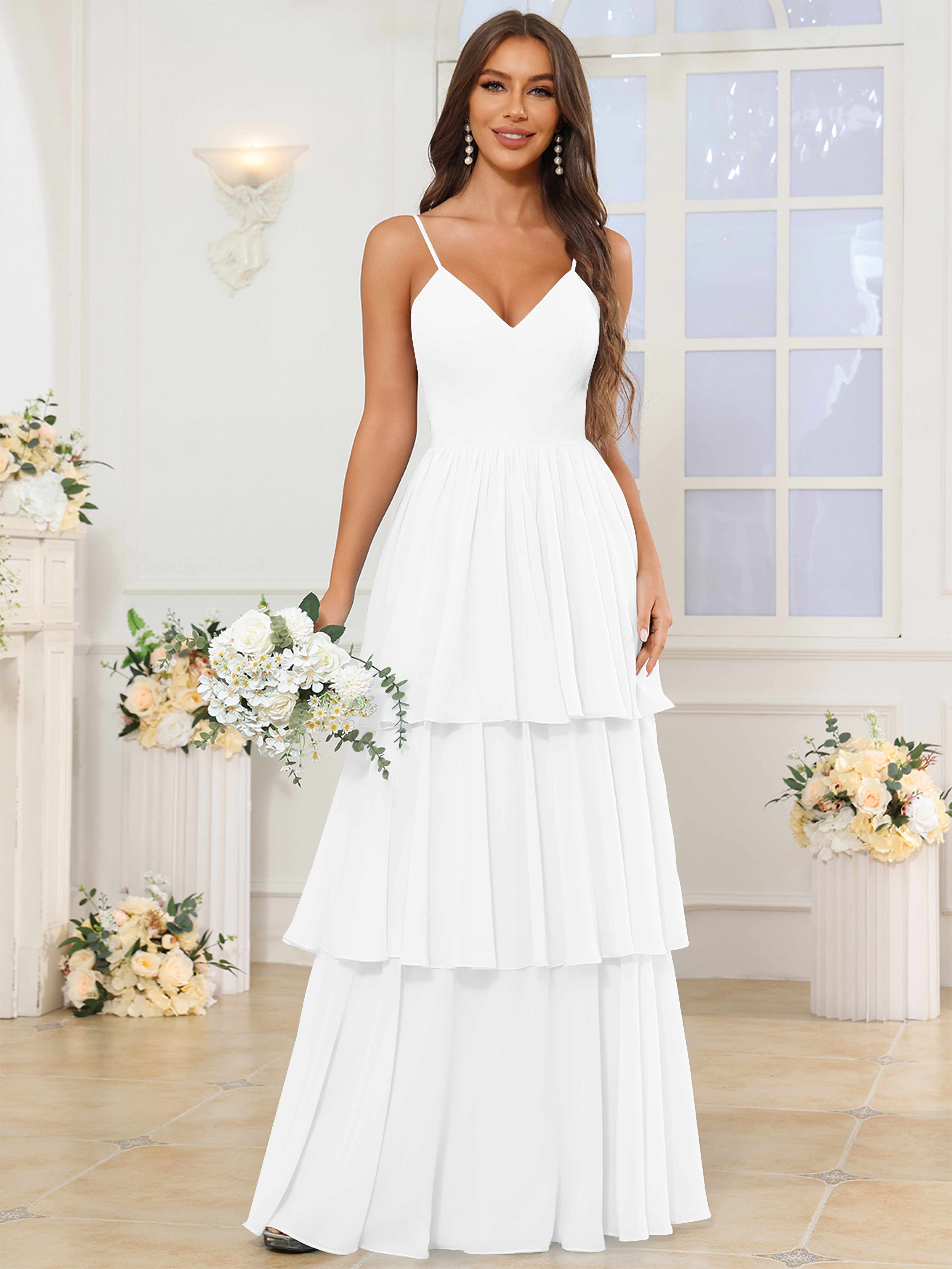 ROVDESY V-Neck Spaghetti Straps Tiered Chiffon Bridesmaid Dress With Ruffles