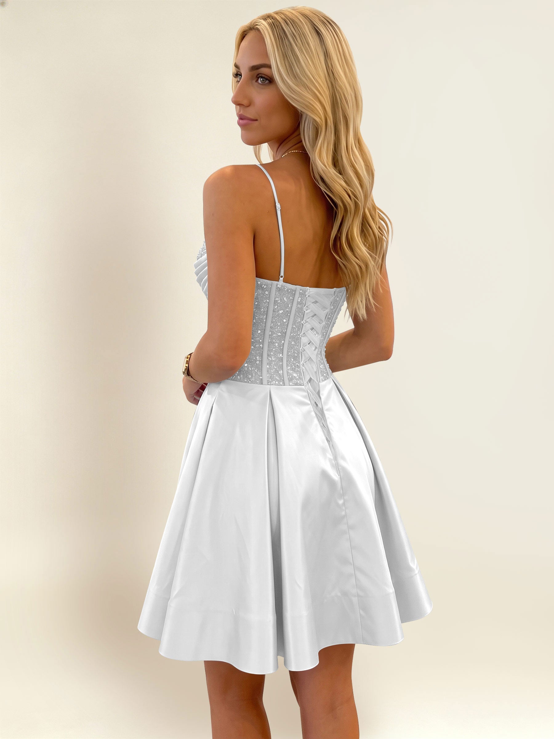 ROVDESY A-Line Spaghetti Strap Sequin Corset Satin Homecoming Mini Dress