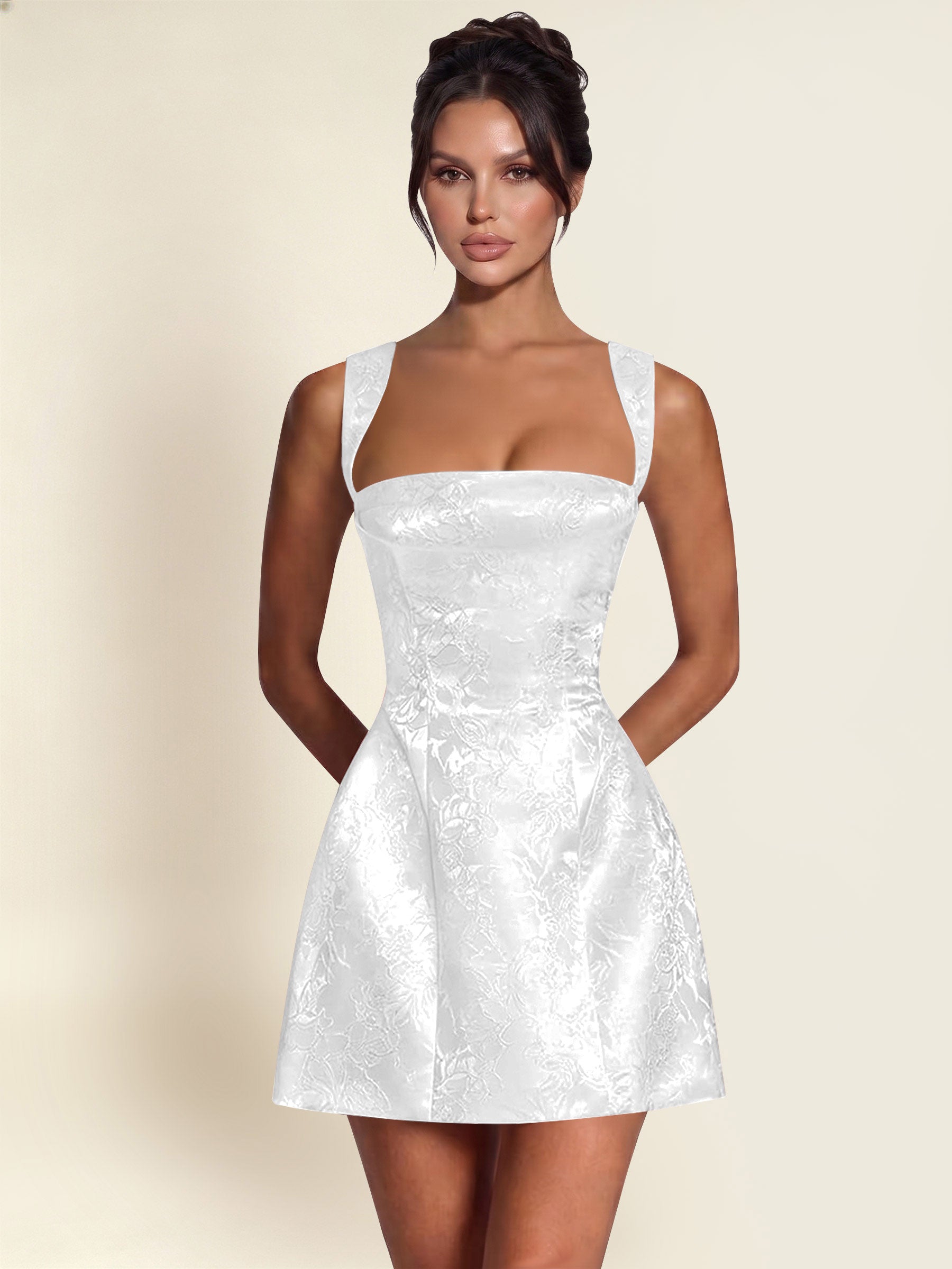 ROVDESY A-Line Square Neck Jacquard Satin Homecoming Mini Dress