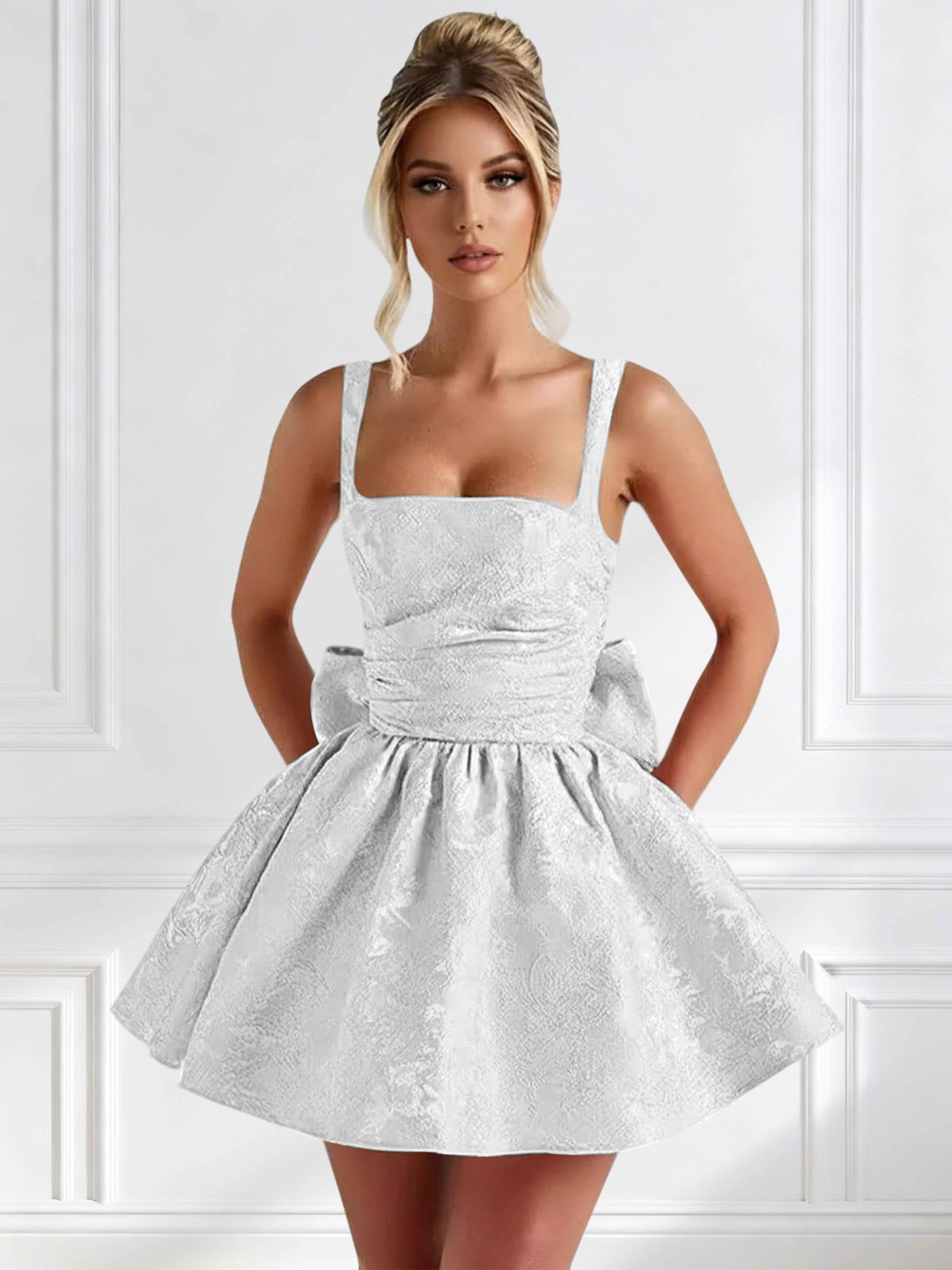 ROVDESY A-Line Square Neck Jacquard Satin Homecoming Mini Dress With Big Bow