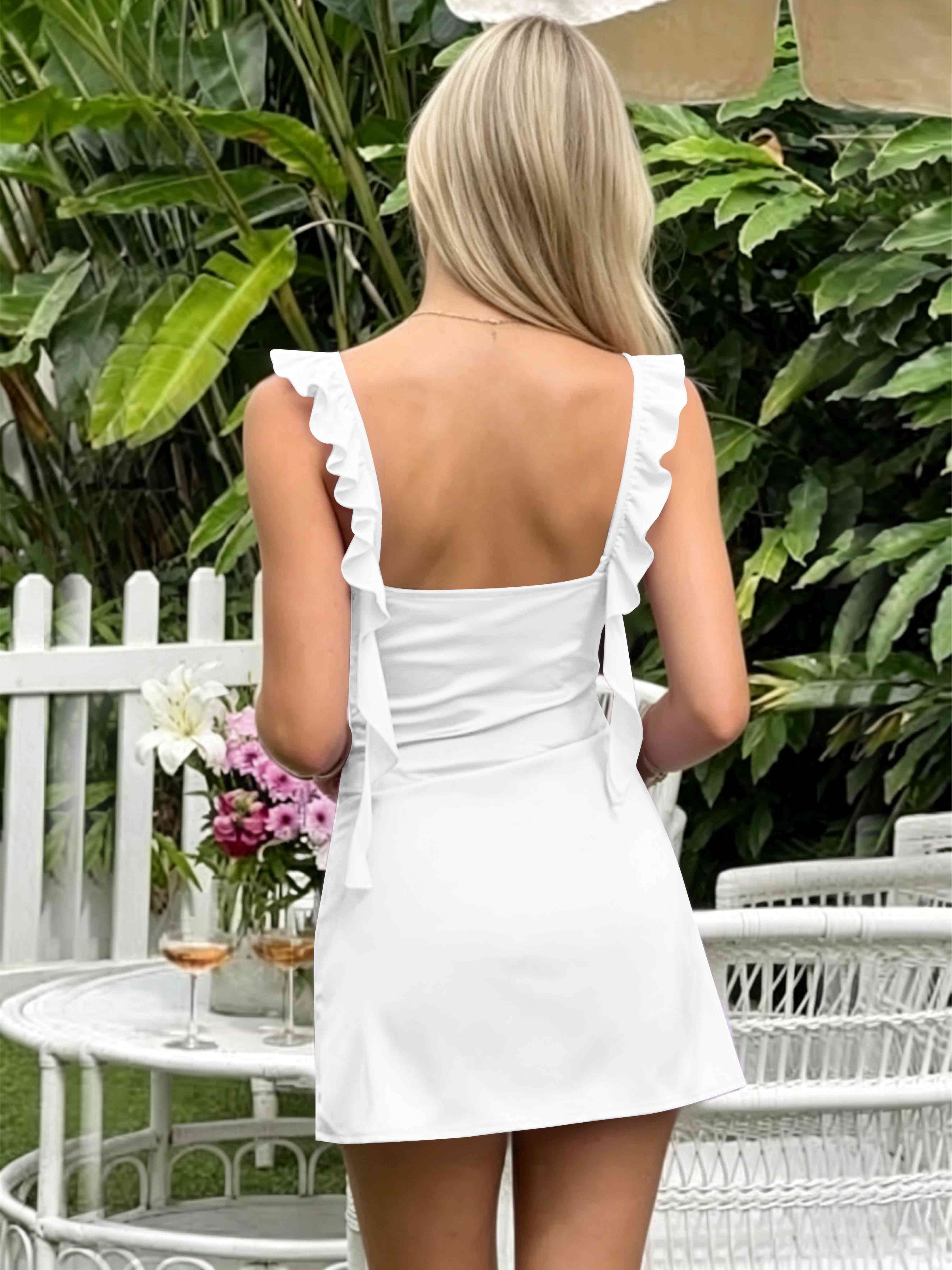 ROVDESY A-Line Ruffle Strap Satin Homecoming Mini Dress