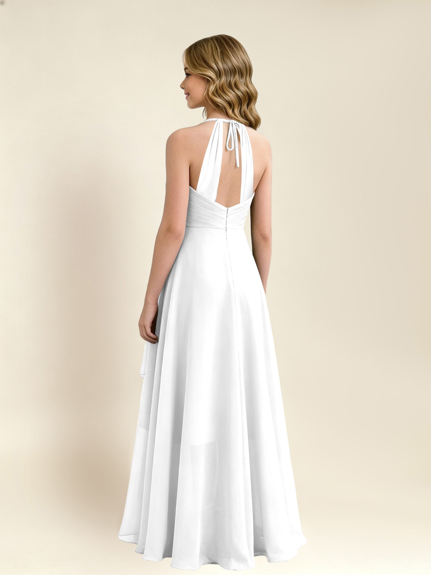 ROVDESY A-Line Halter Pleated Chiffon Junior Bridesmaid Dress