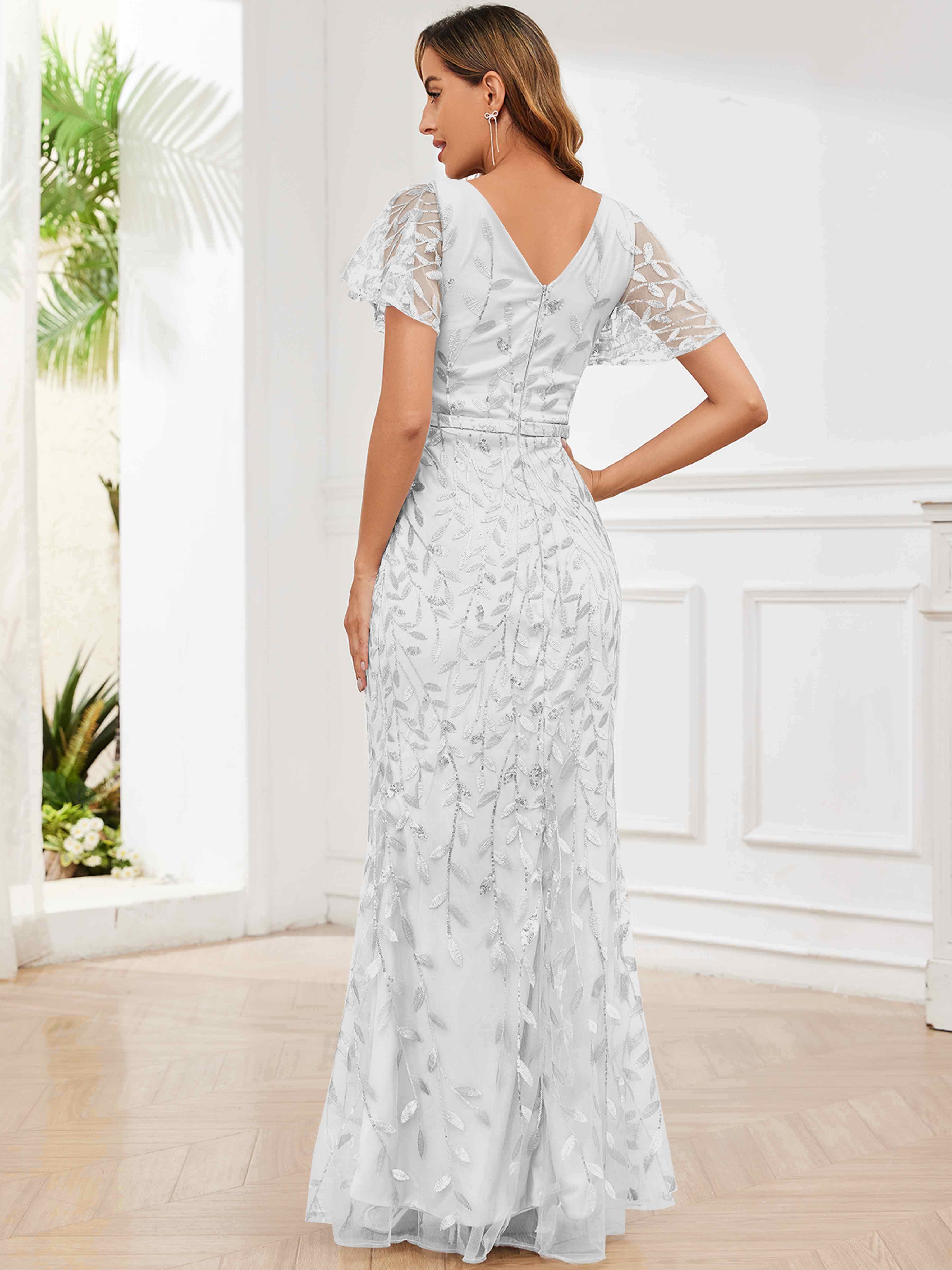 ROVDESY V-Neck Mermaid Sequin Mother Of The Bride Dress With Short Sleeves