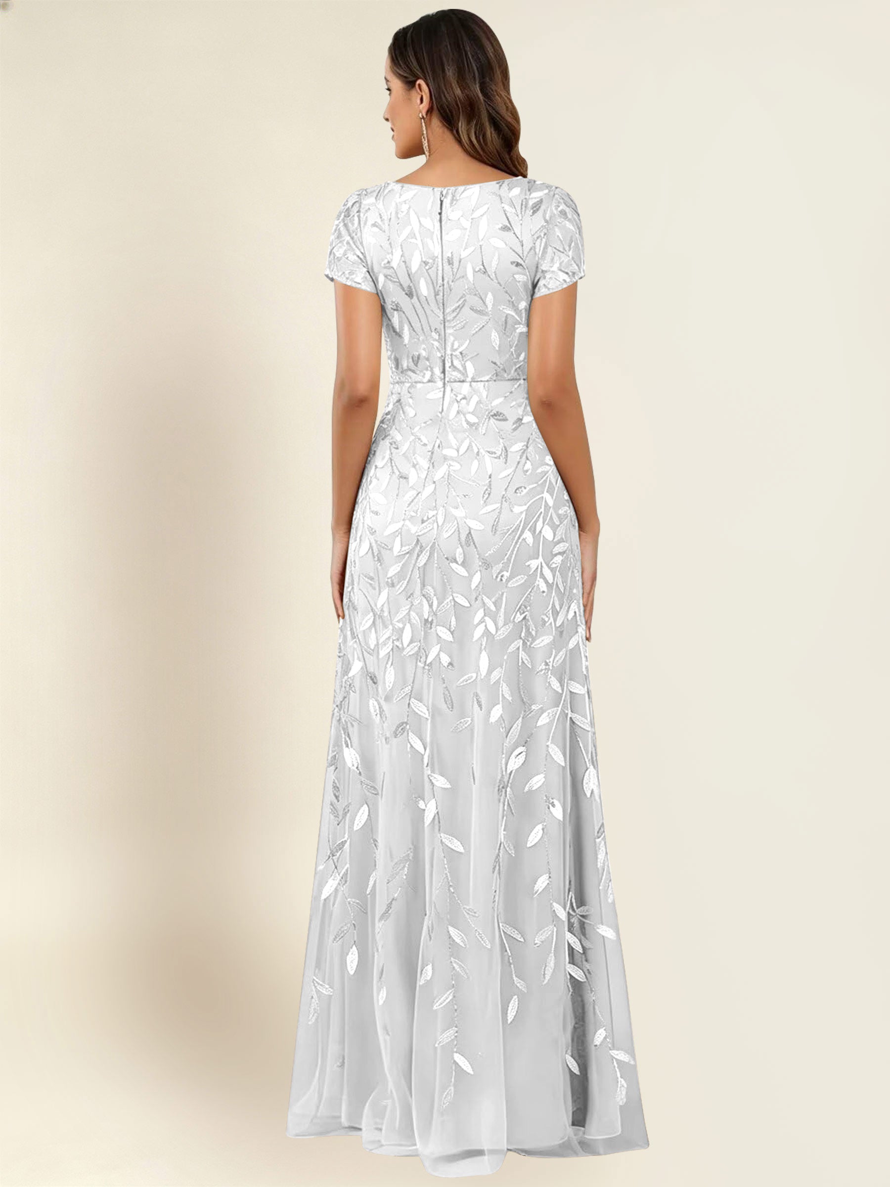 ROVDESY Sequin Mermaid Long Mother Of The Bride Dress With Short Sleeves Formal Gown