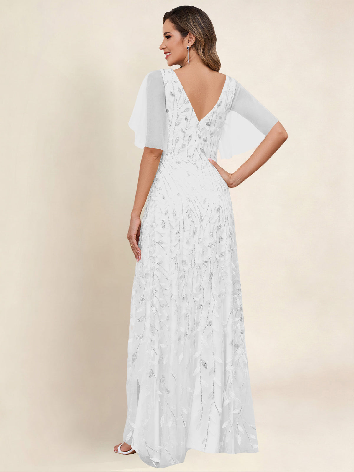V Neck Sequin Tulle A Line Mother of the Bride Dress with Sleeves