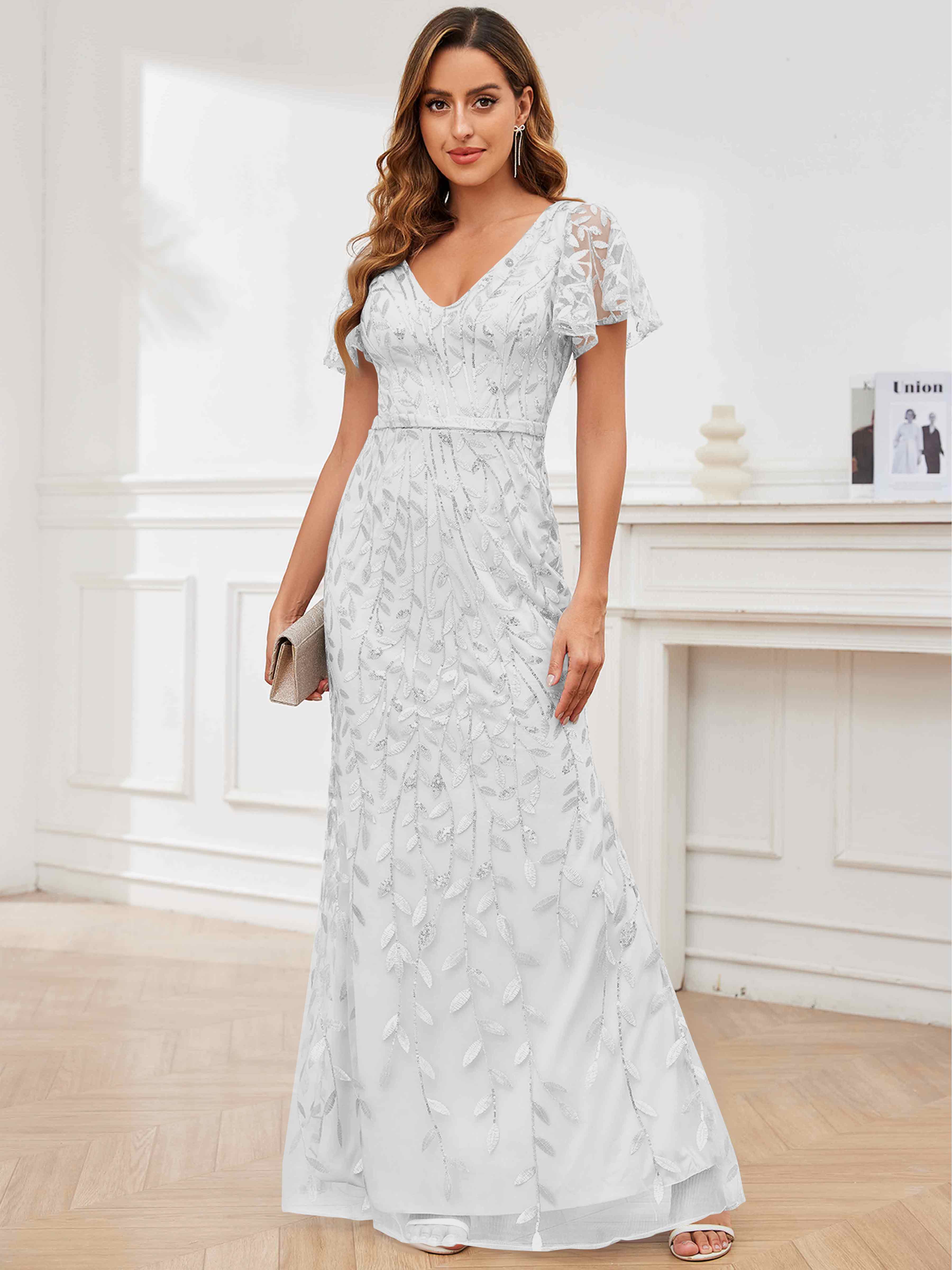 ROVDESY V-Neck Mermaid Sequin Mother Of The Bride Dress With Short Sleeves