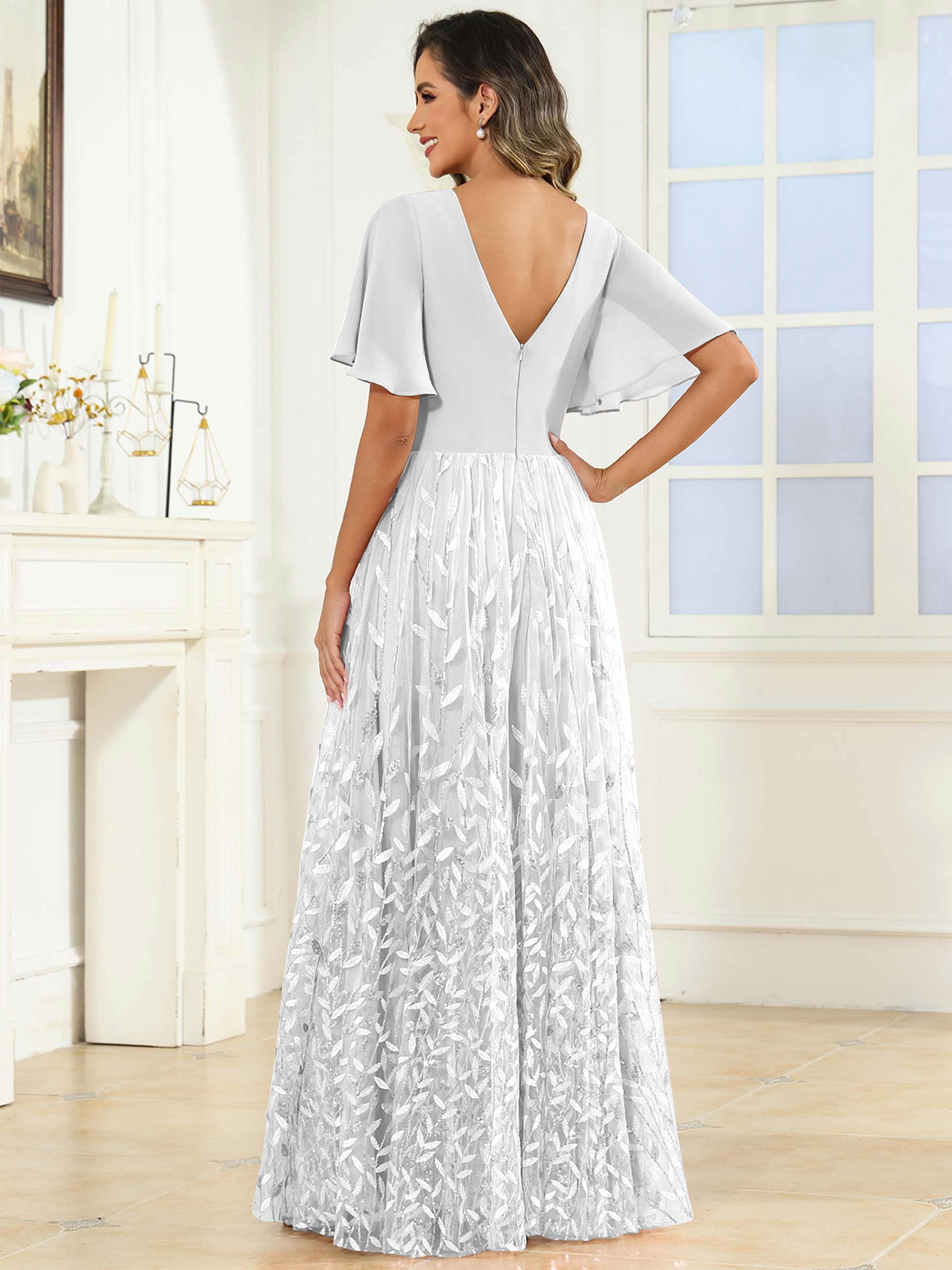 ROVDESY A-Line V-Neck Chiffon Sequin Mother Of The Bride Dress With Short Sleeves