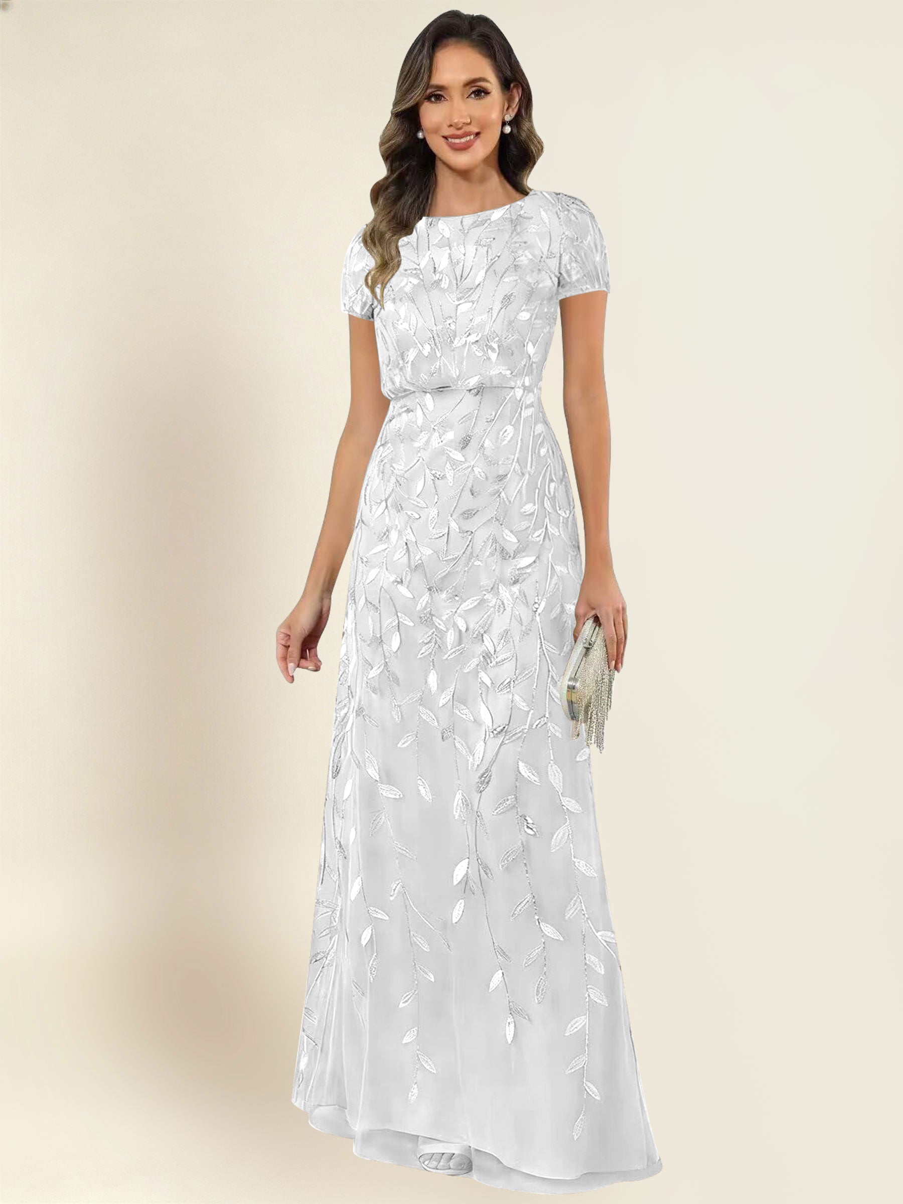 ROVDESY Sequin Mermaid Long Mother Of The Bride Dress With Short Sleeves Formal Gown