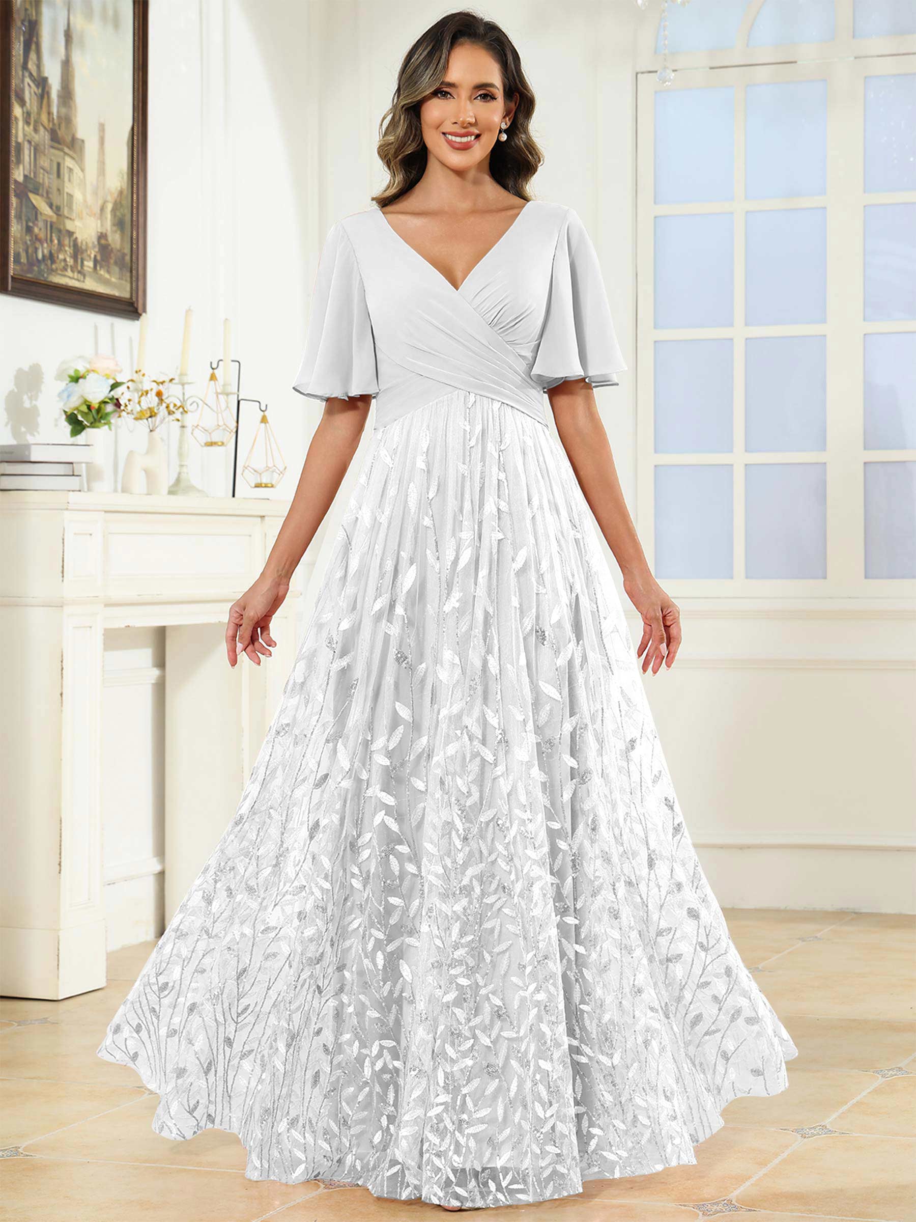 ROVDESY A-Line V-Neck Chiffon Sequin Mother Of The Bride Dress With Short Sleeves