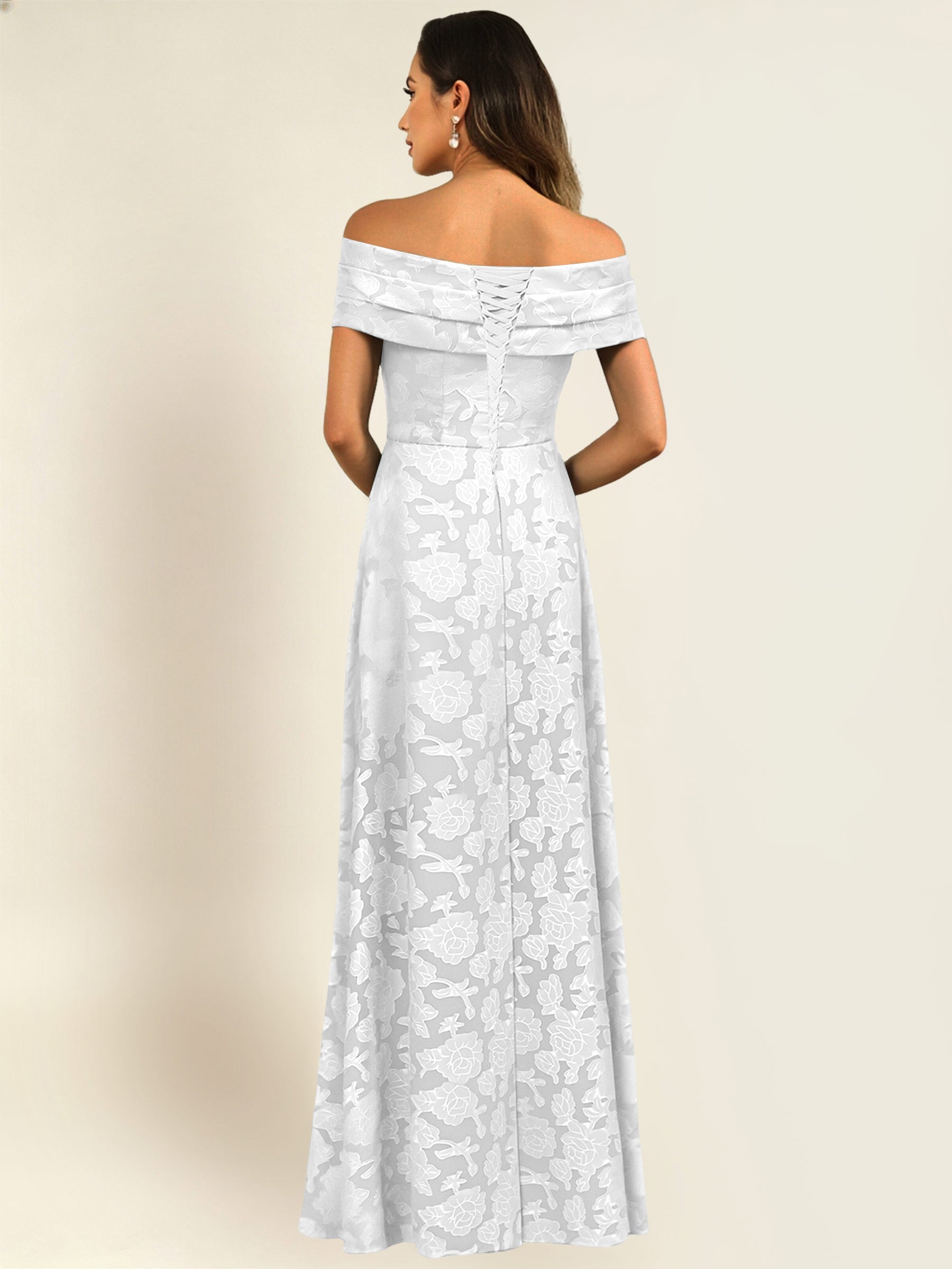 ROVDESY Off the Shoulder Floral Jacquard A-Line Long Mother of the Bride Dress