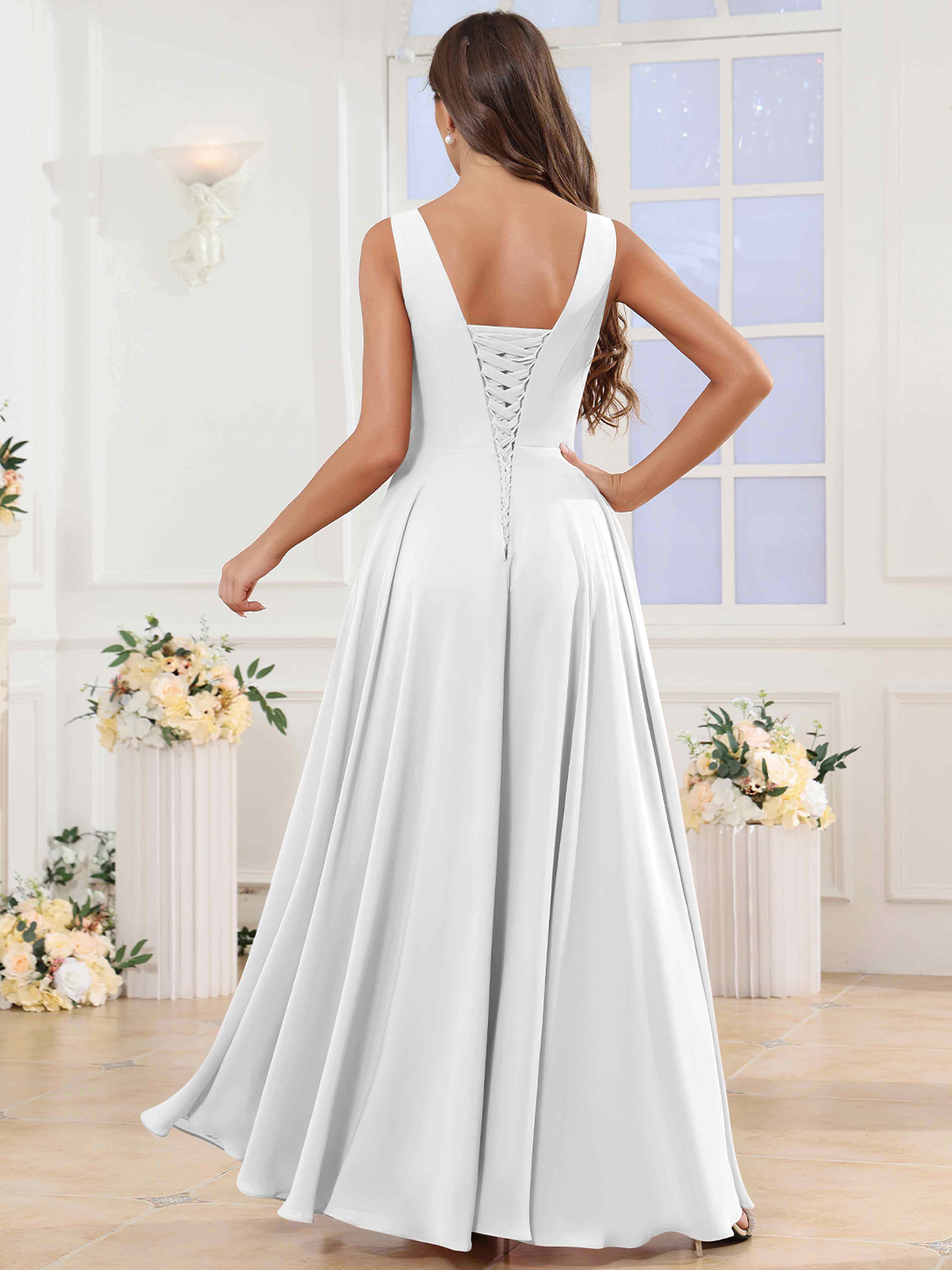 ROVDESY V-Neck Pleated Sleeveless Ruffle Chiffon Bridesmaid Dress With Slit