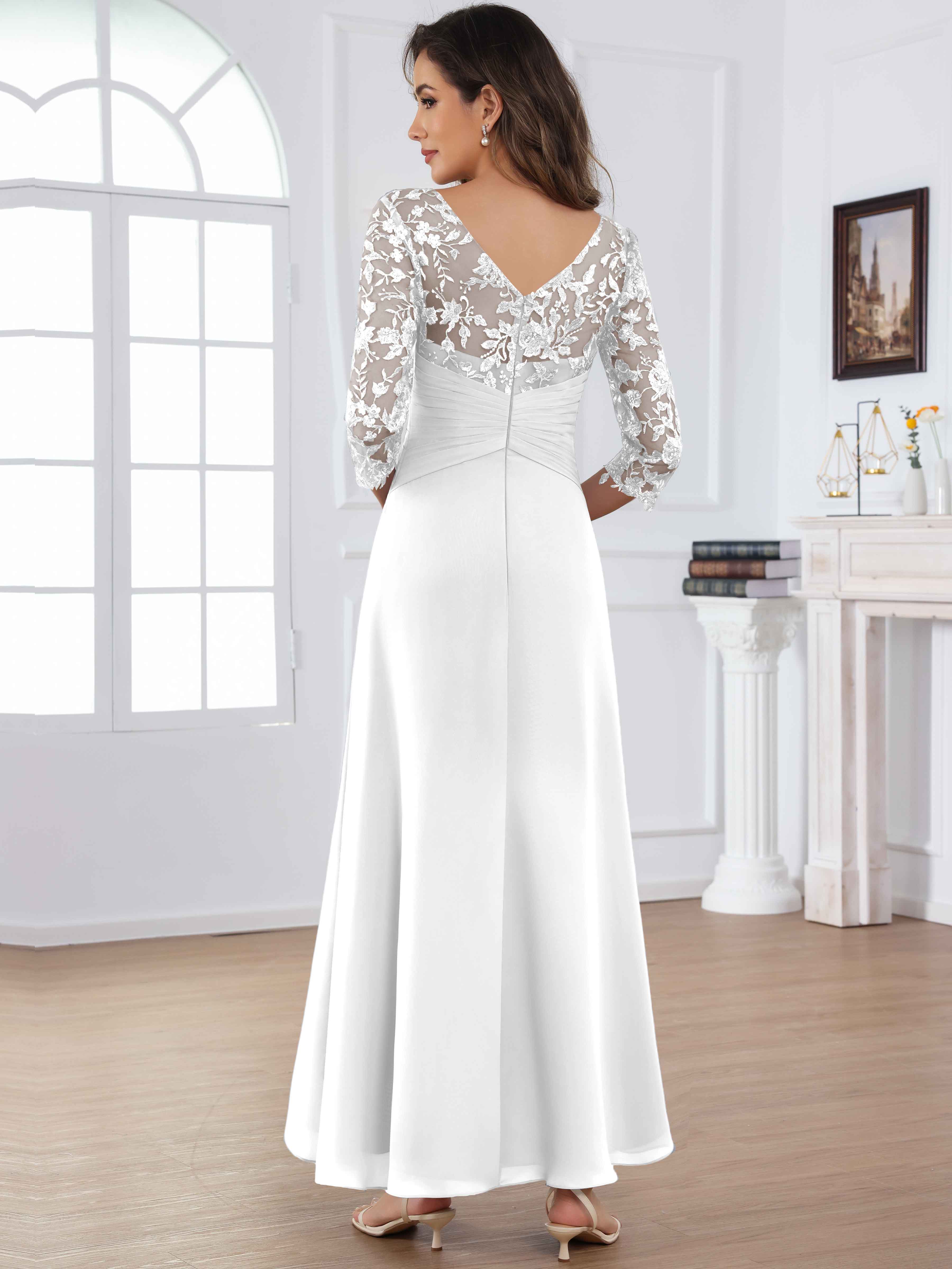 ROVDESY Tea Length Lace Chiffon Mother of The Bride Dress with 3/4 Sleeves