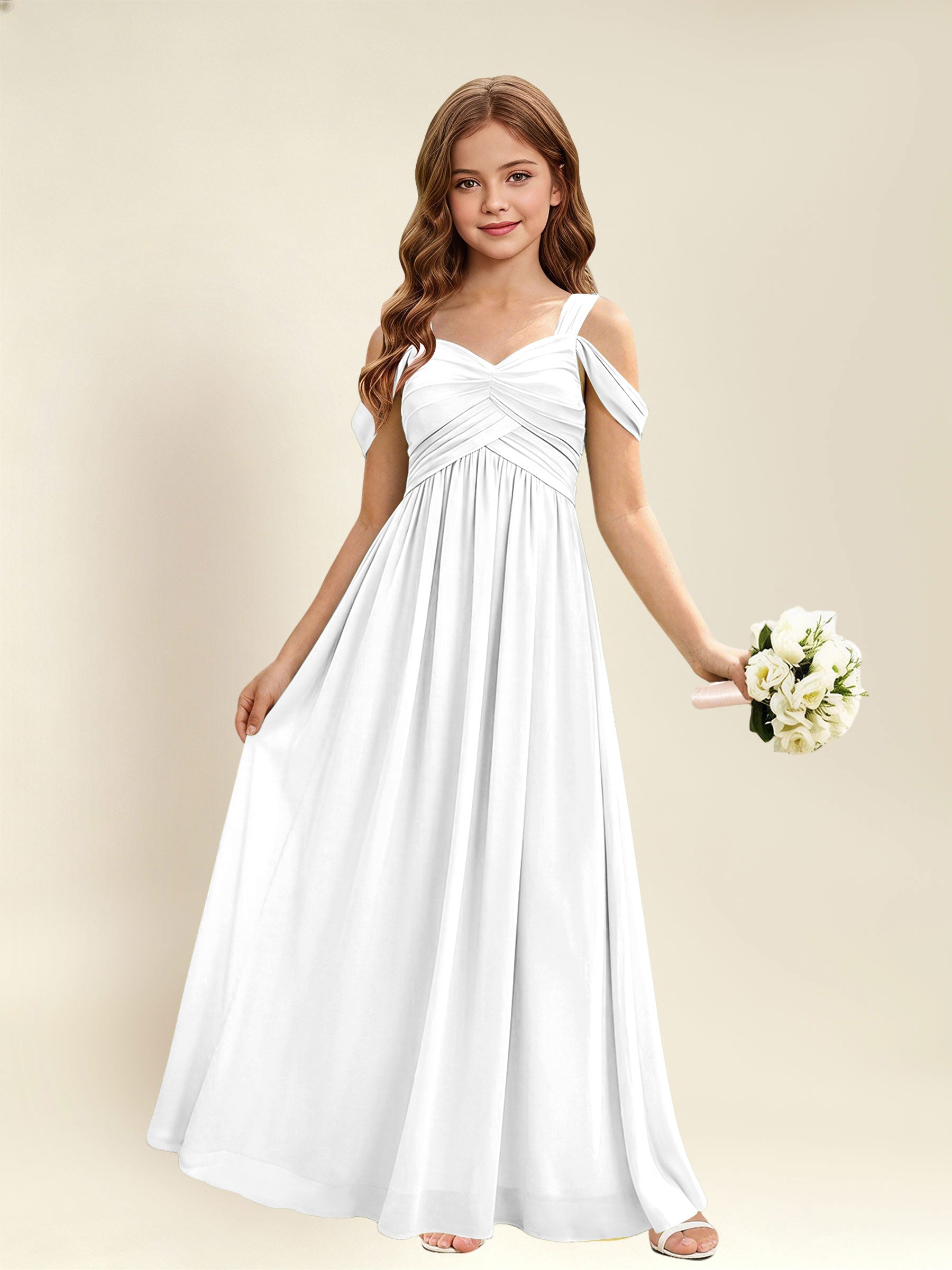 ROVDESY A-Line Off The Shoulder Pleated Chiffon Junior Bridesmaid Dress