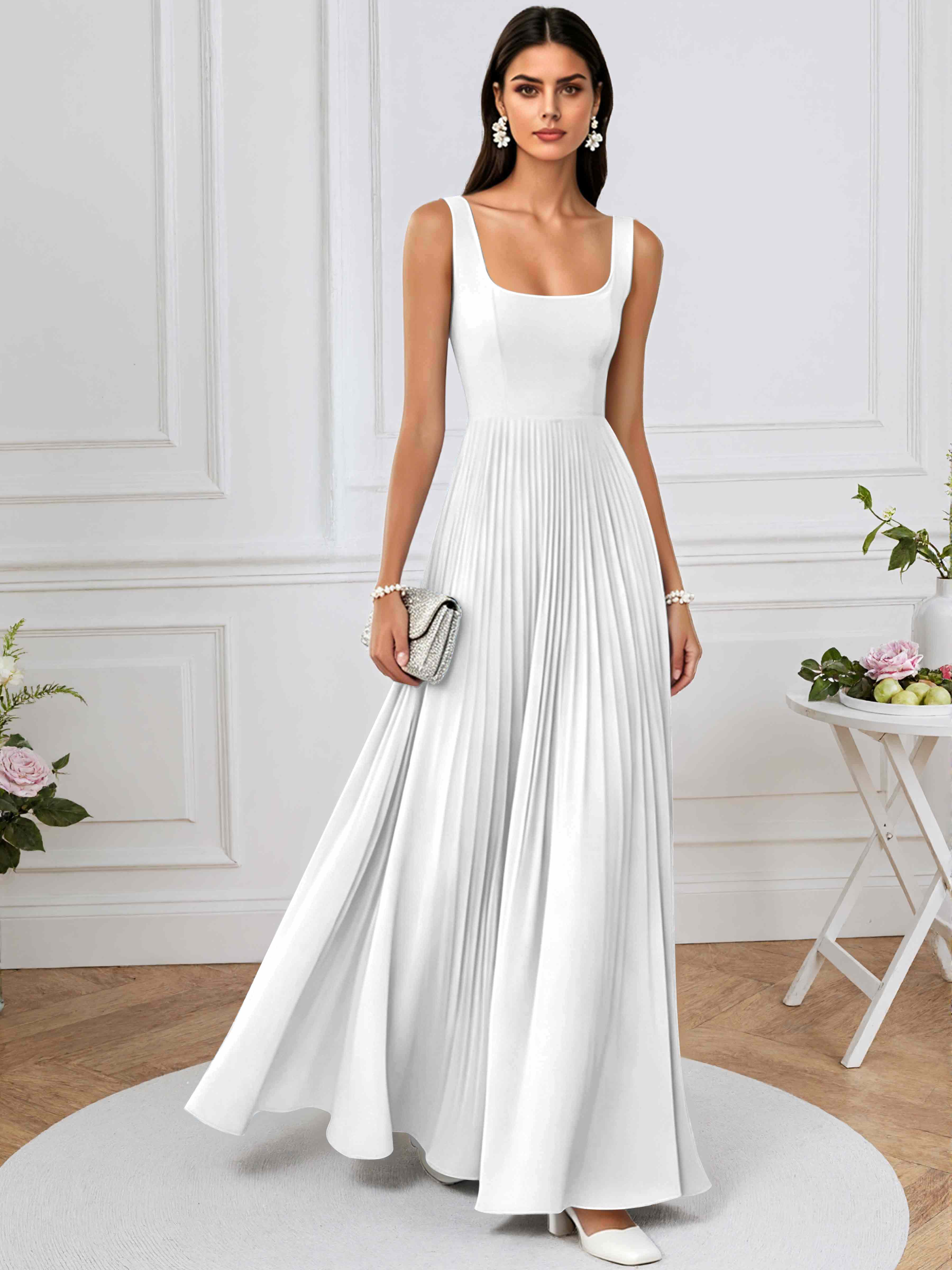 ROVDESY A-Line Square Neck Pleated Chiffon Long Bridesmaid/Prom Dress