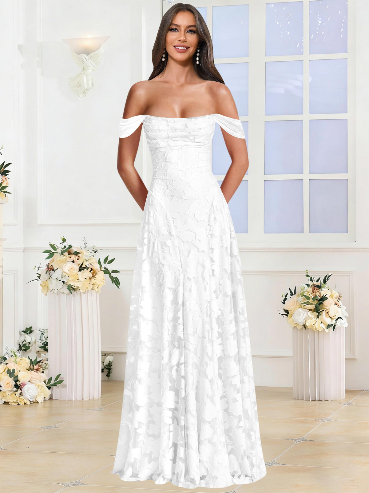 Off the Shoulder Floral Ruched A-line Bridesmaid Dress