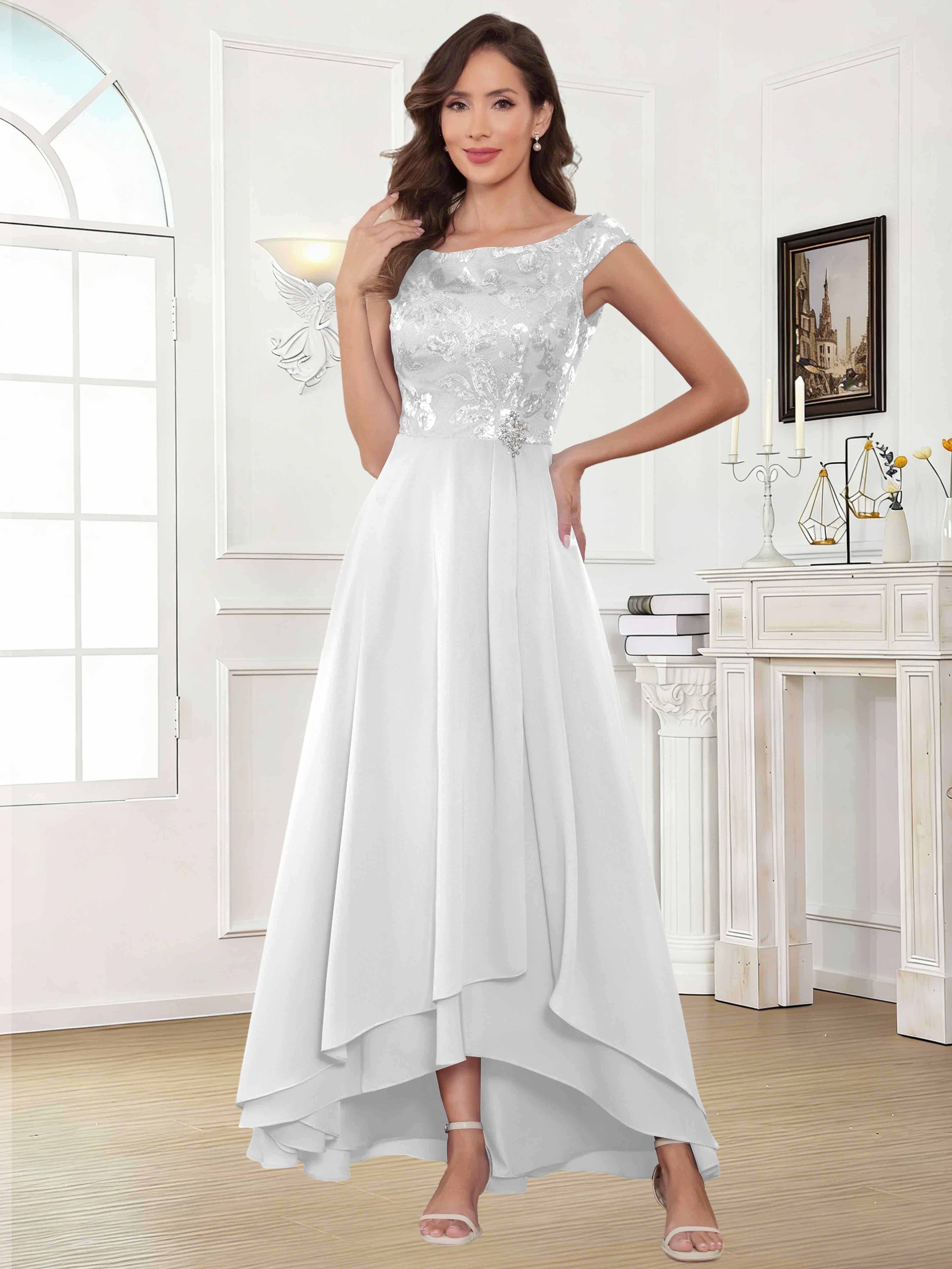 ROVDESY Tea Length Off-The-Shoulder Sequin Chiffon Mother Of The Bride Dress