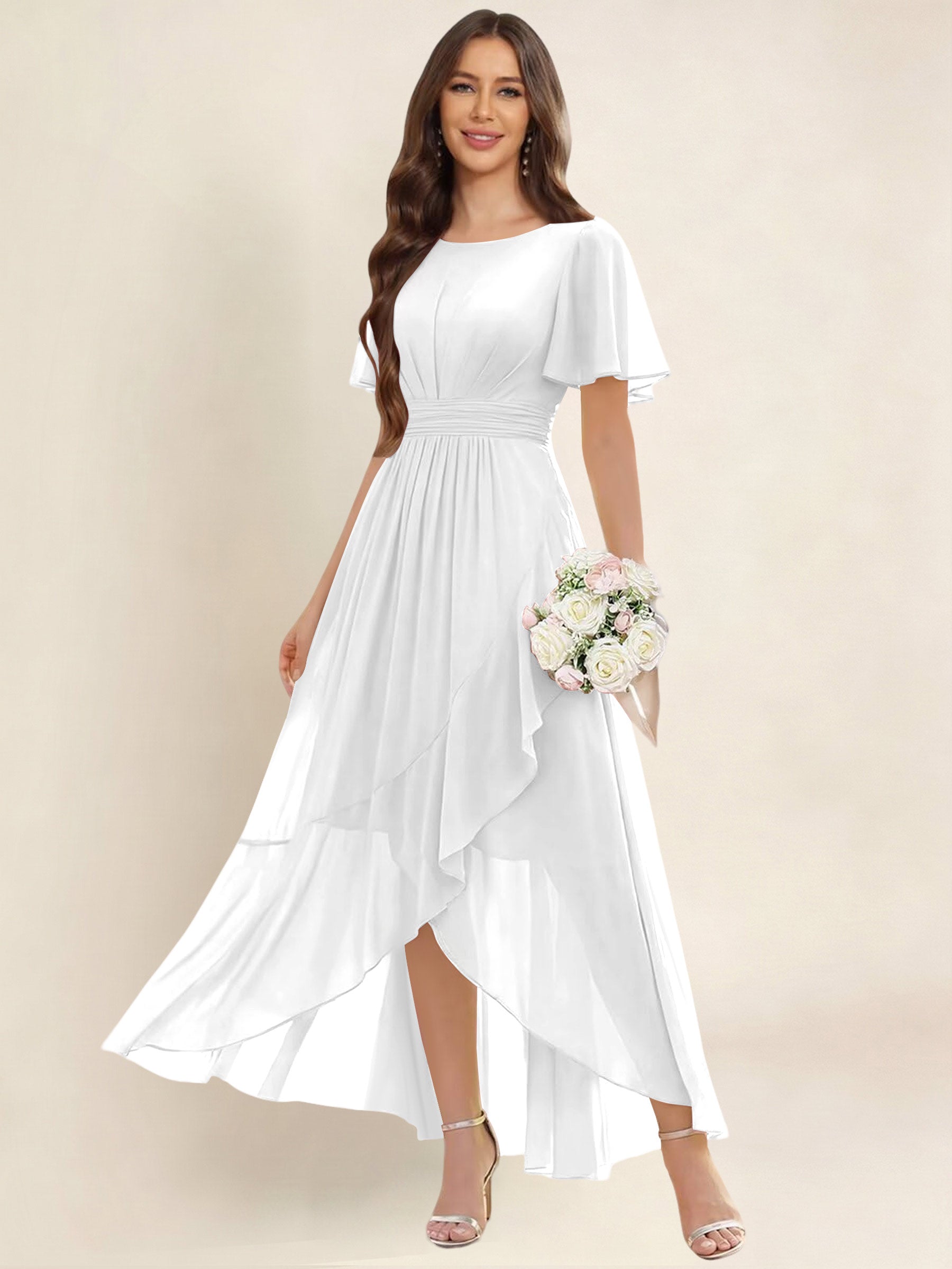 ROVDESY A-Line High Low Round Neck Pleated Ruffle Chiffon Bridesmaid Dress With Short Sleeves