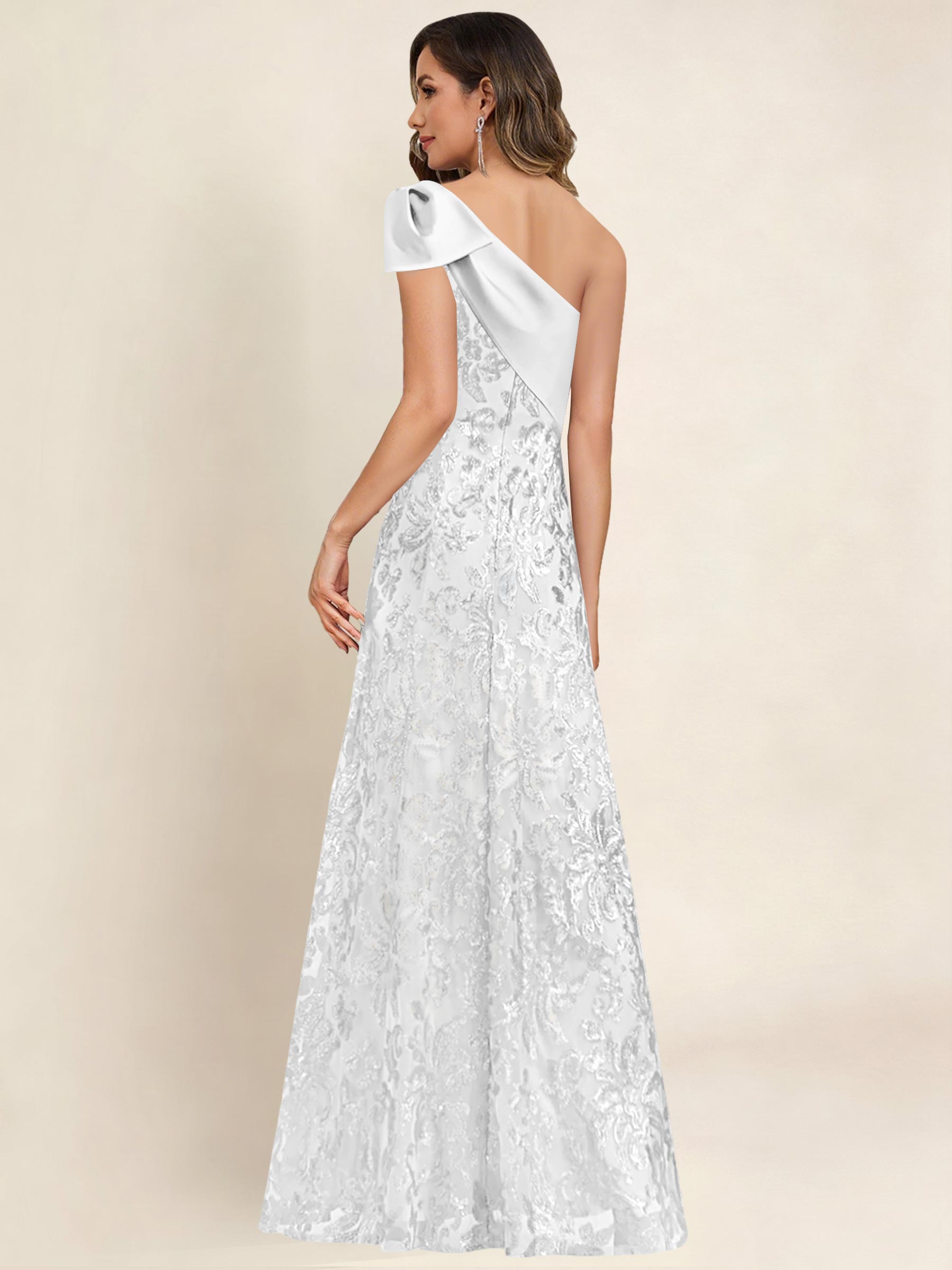 ROVDESY One Shoulder Sequin Mermaid Long Mother Of The Bride Dress Formal Gown With Bow