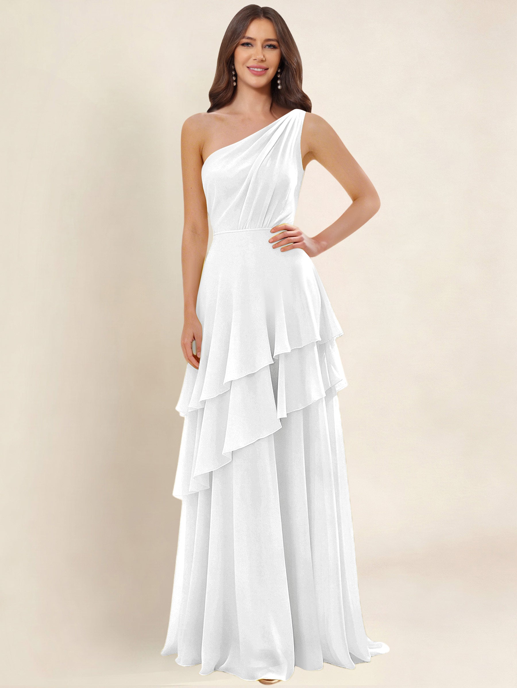 ROVDESY A-Line One Shoulder Pleated Tiered Chiffon Bridesmaid Dress