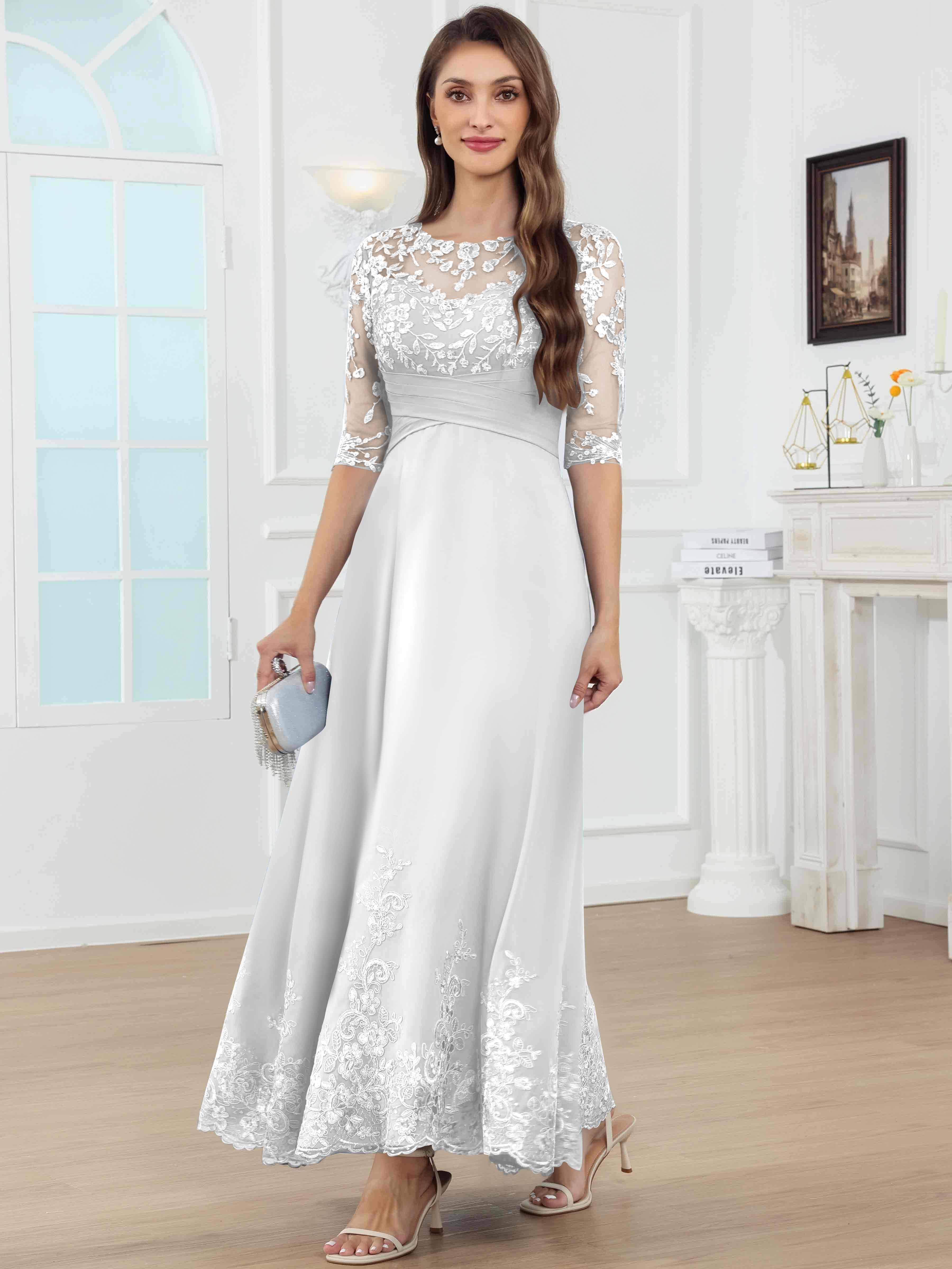 ROVDESY A-Line Lace Sequin Pleated Chiffon Mother Of The Bride Dress With Half Sleeves